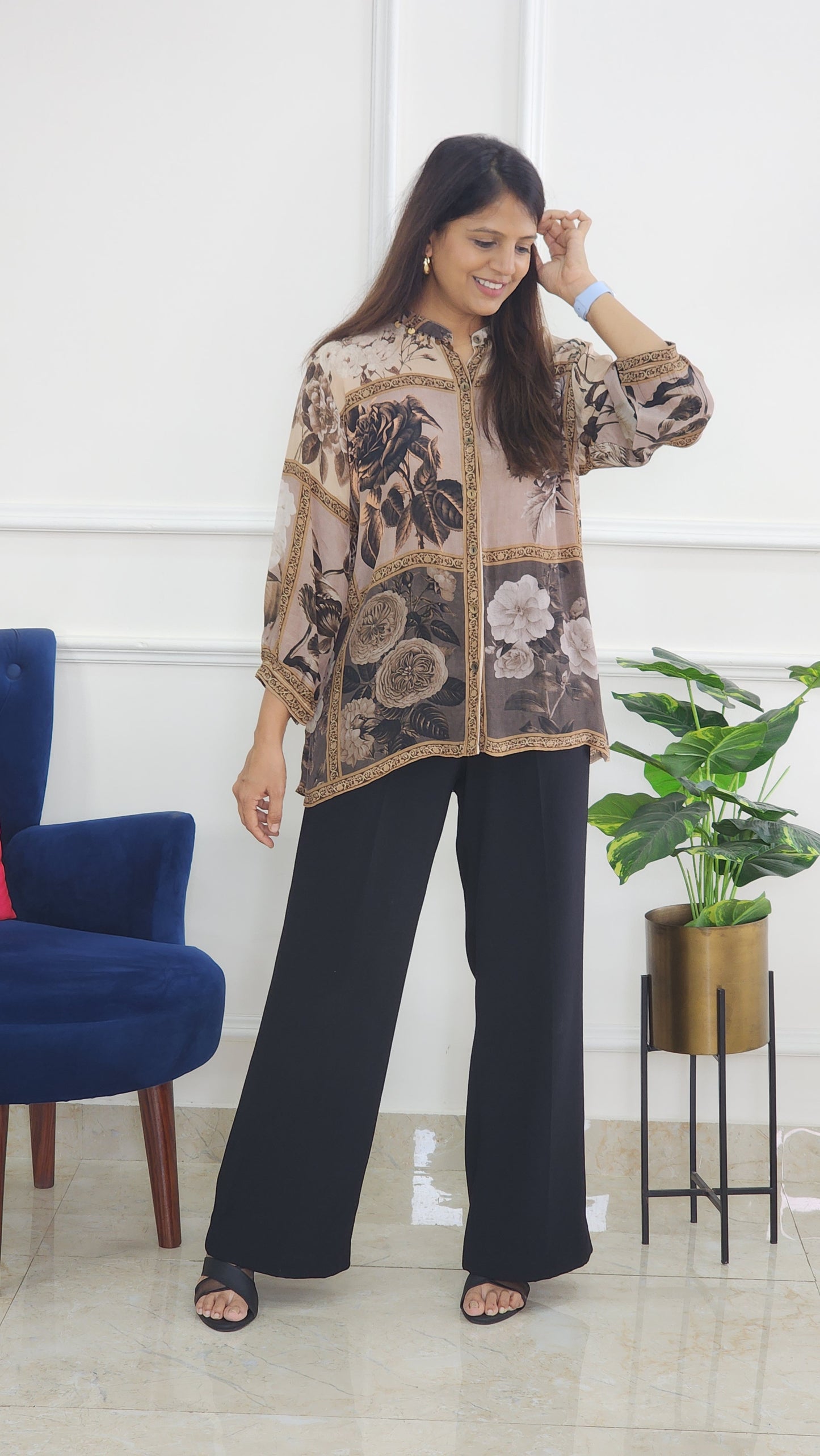 Brown Crepe Floral Shirt