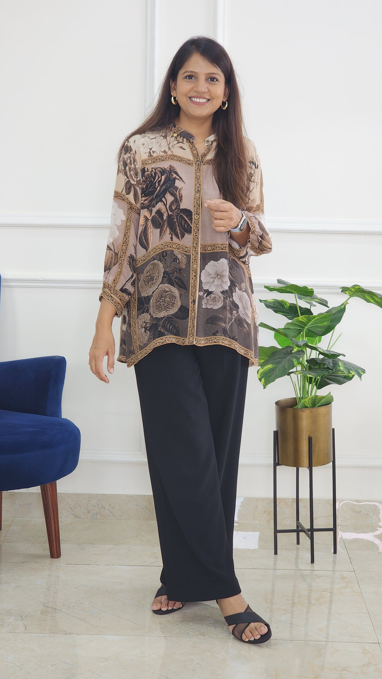 Brown Crepe Floral Shirt