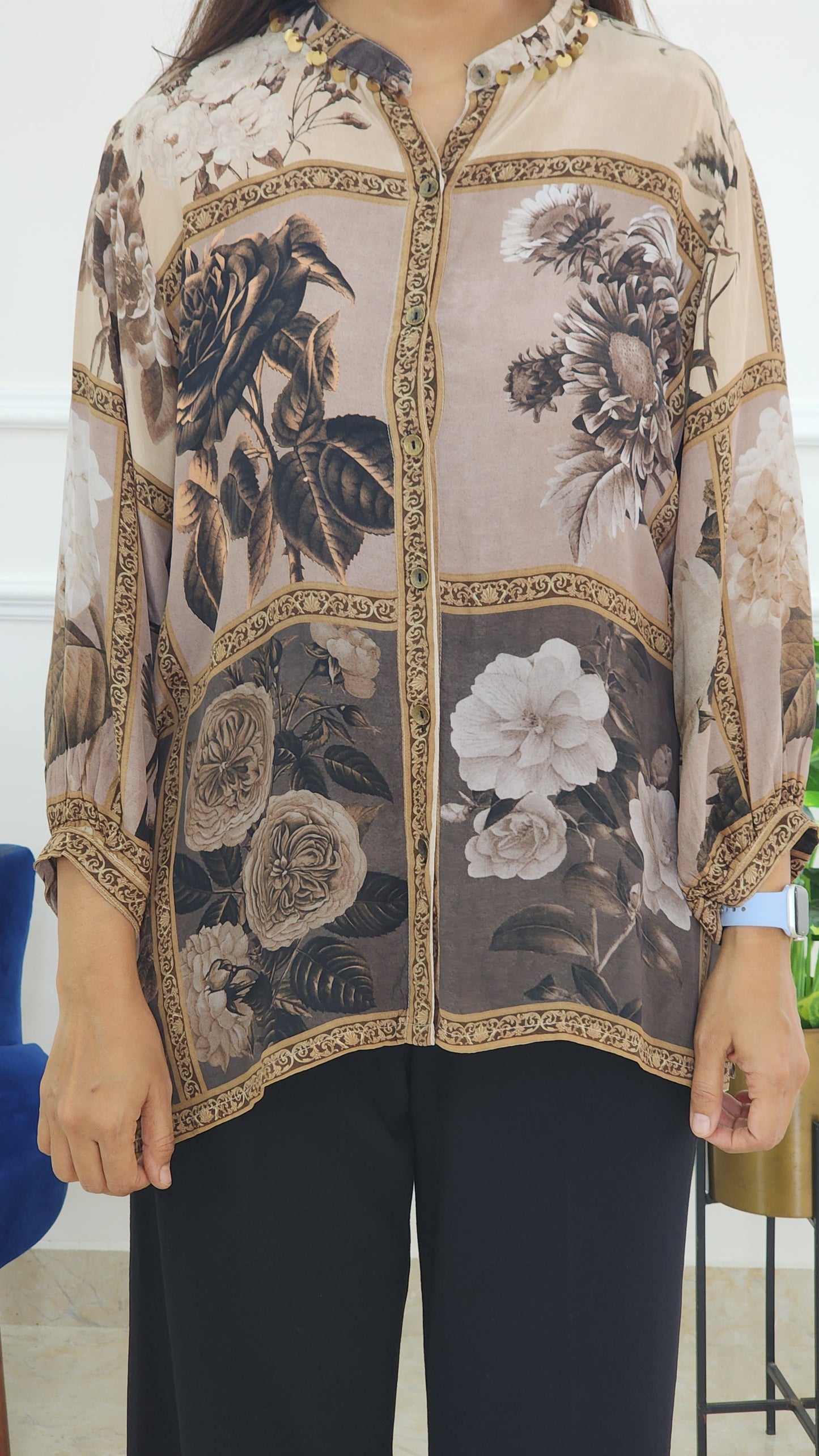 Brown Crepe Floral Shirt