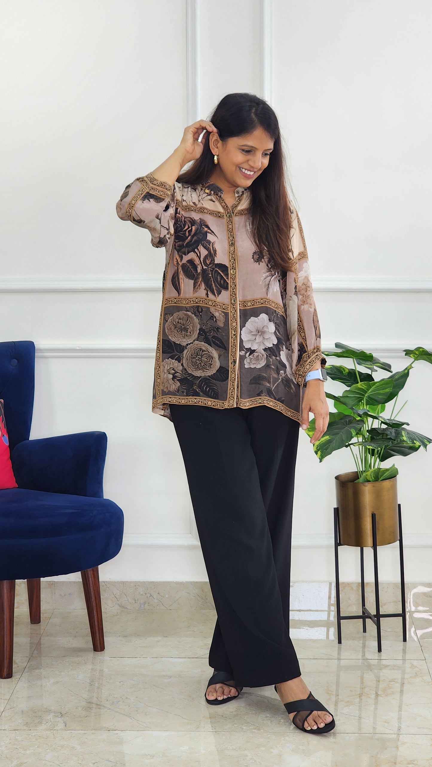 Brown Crepe Floral Shirt