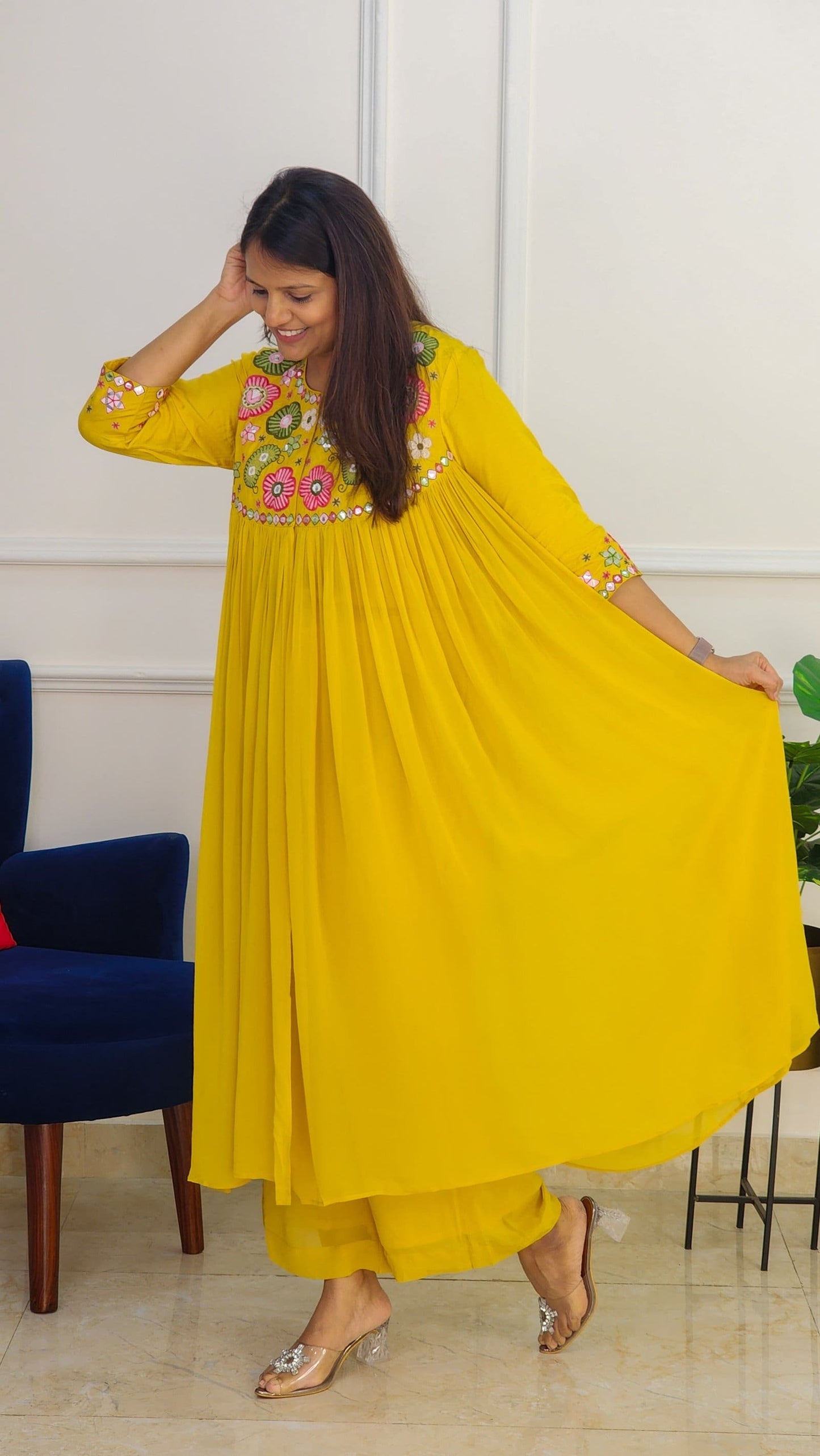 Mustard Multi Color Embroidered Flare Set