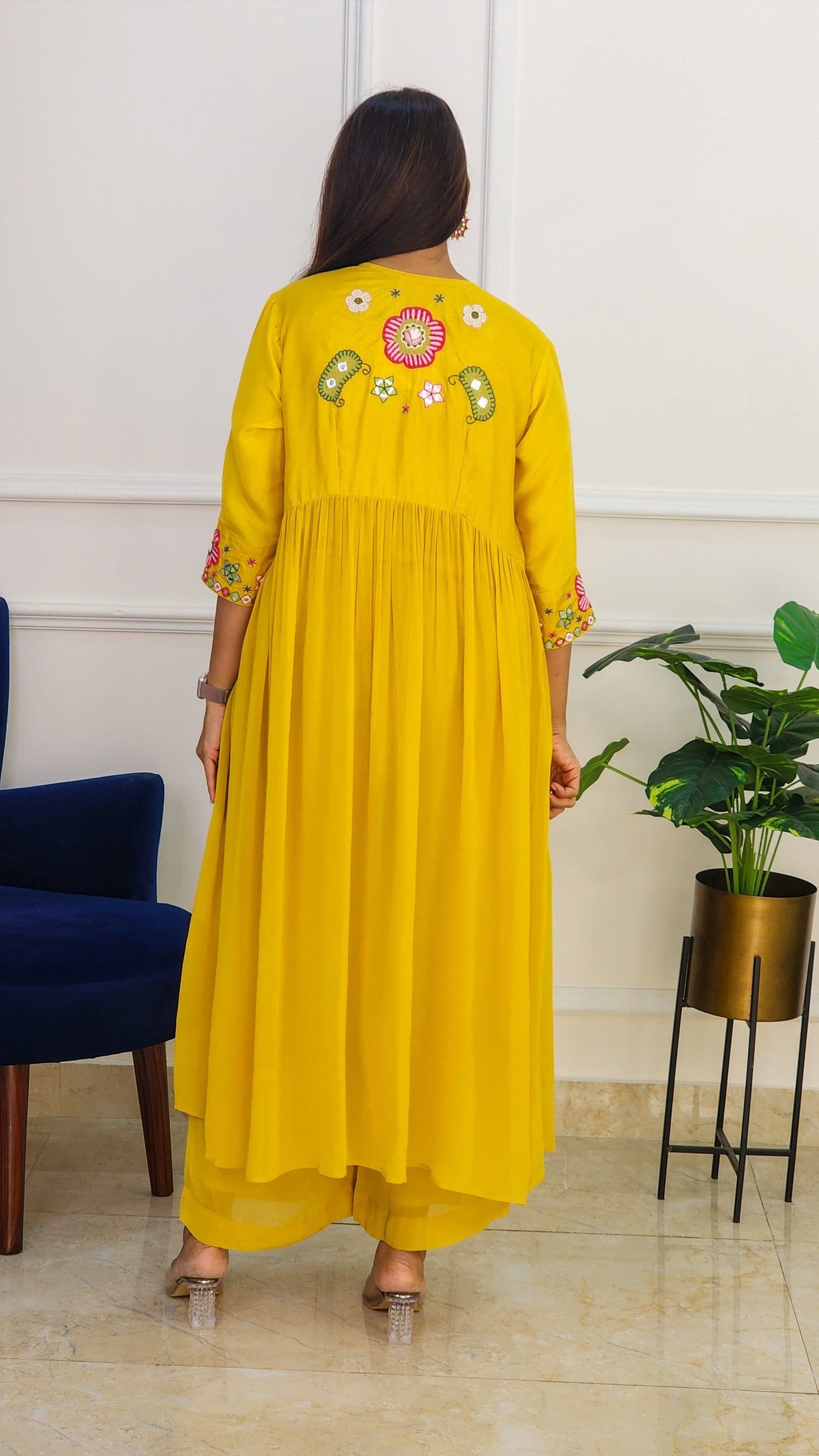 Mustard Multi Color Embroidered Flare Set