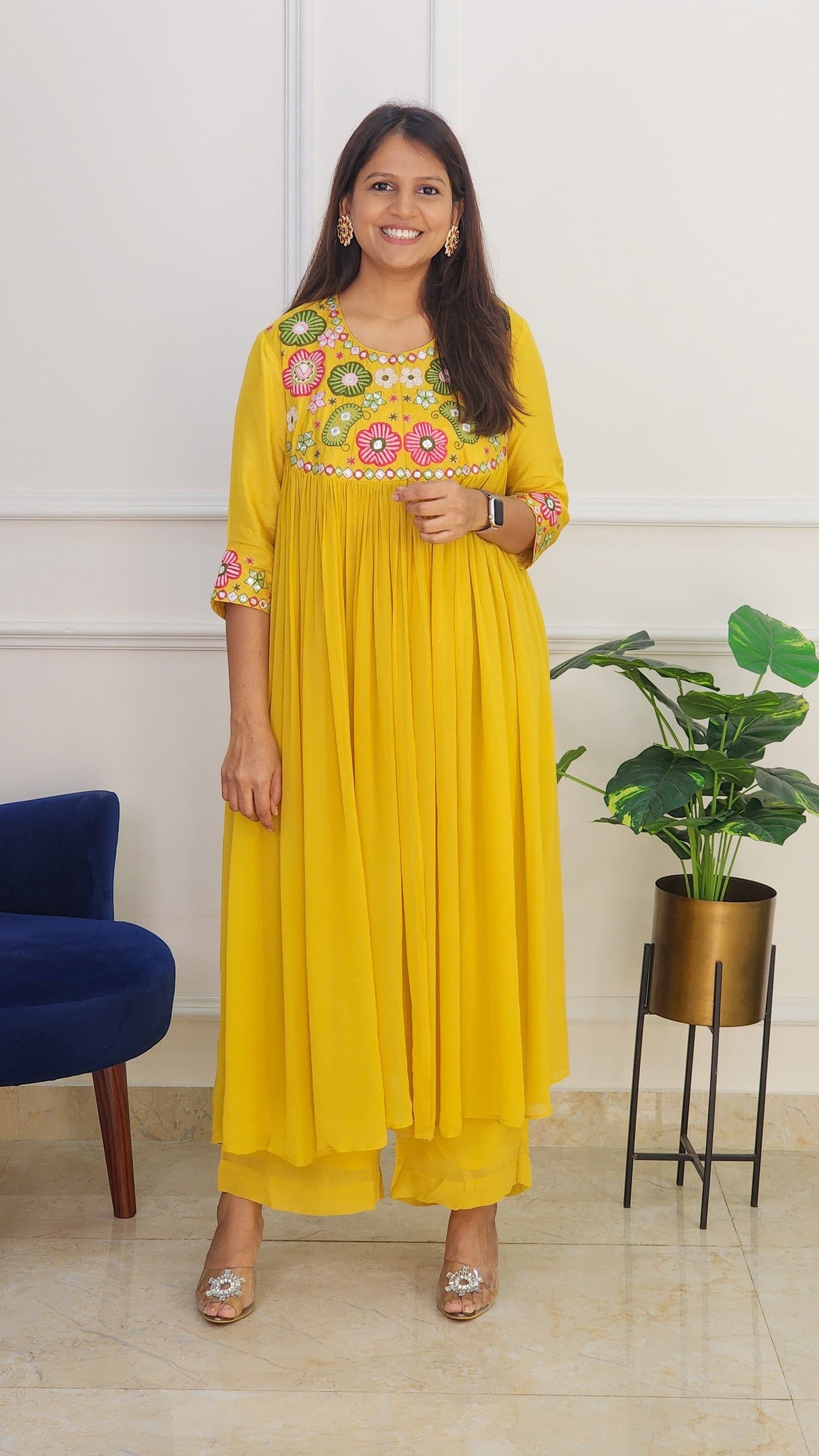 Mustard Multi Color Embroidered Flare Set