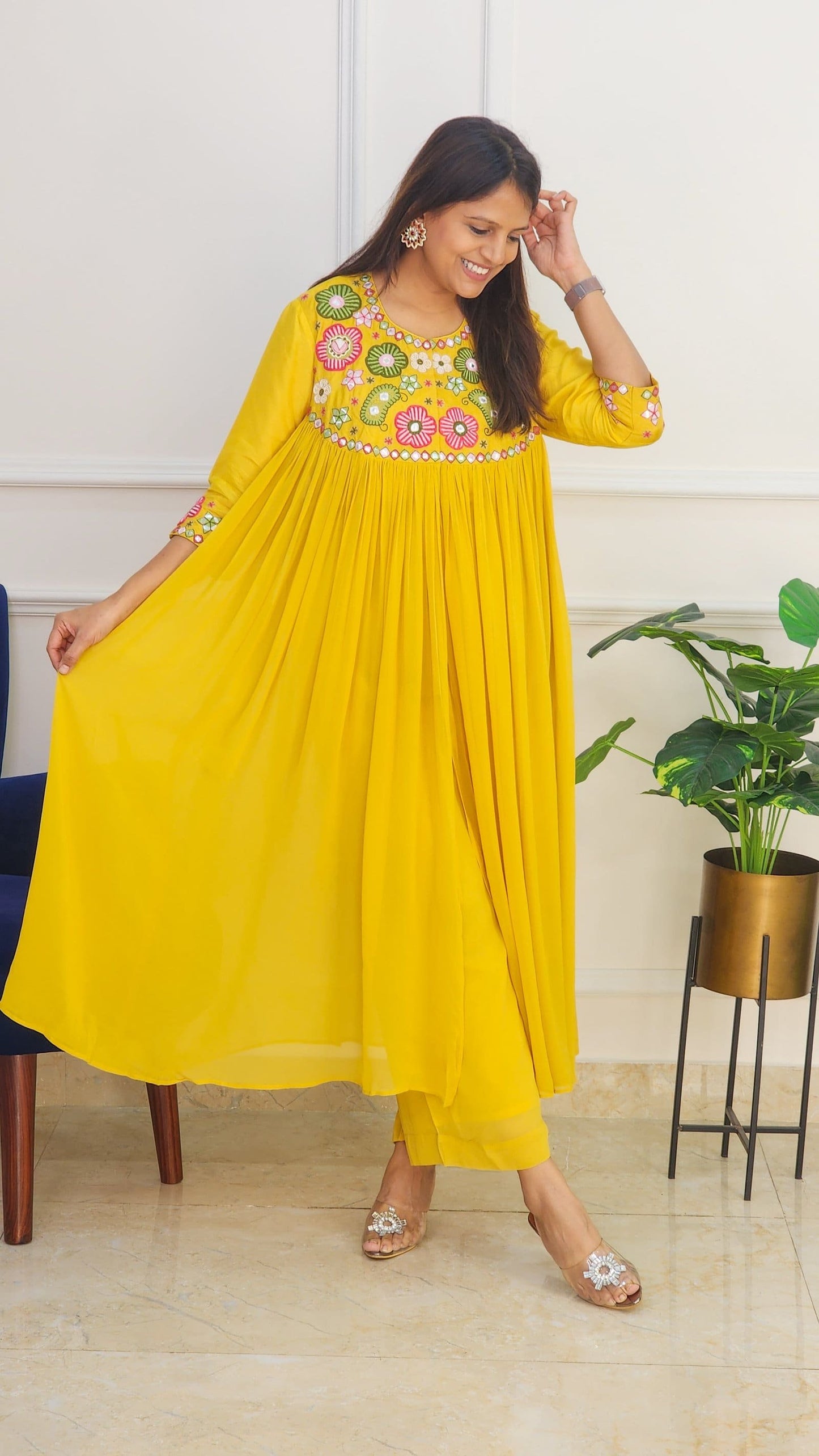 Mustard Multi Color Embroidered Flare Set