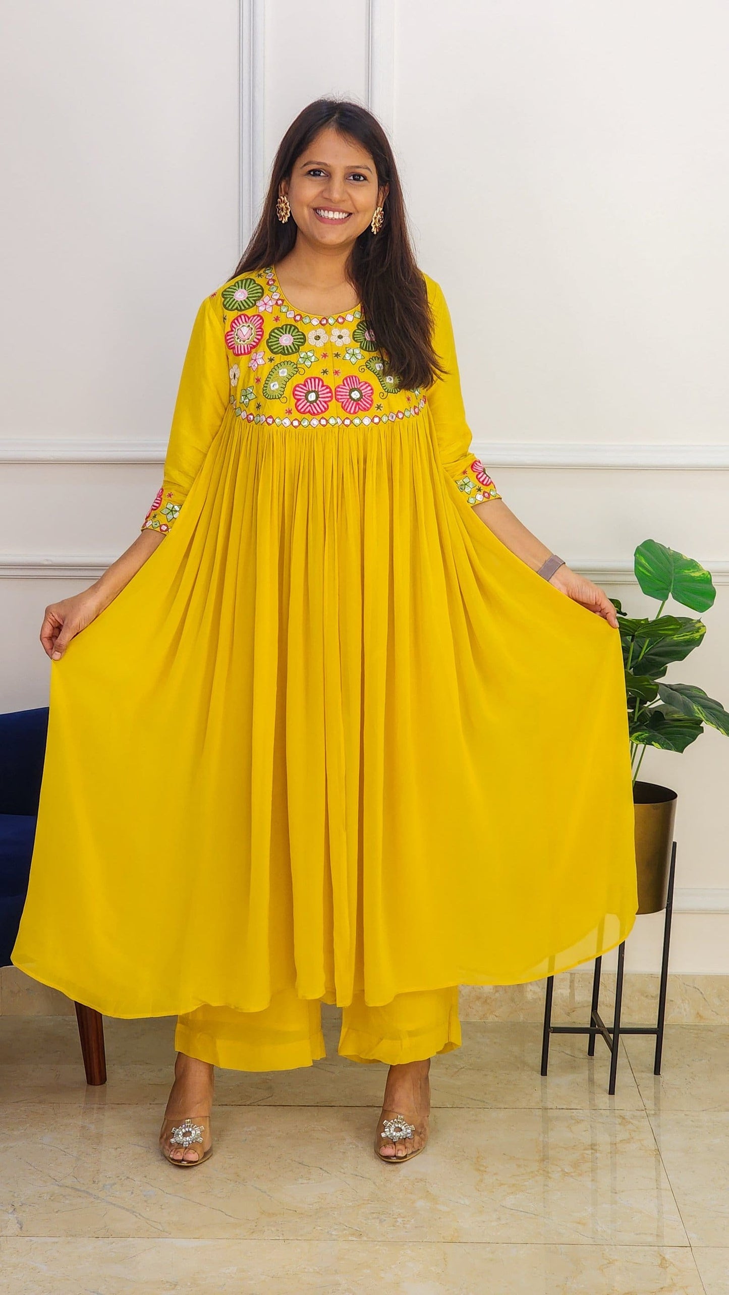Mustard Multi Color Embroidered Flare Set