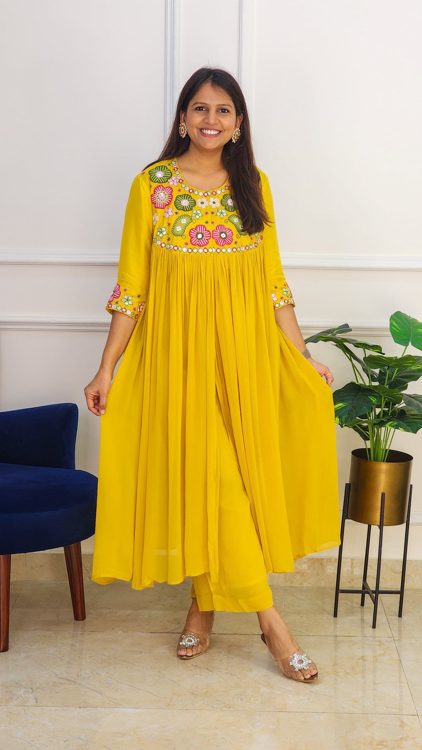Mustard Multi Color Embroidered Flare Set