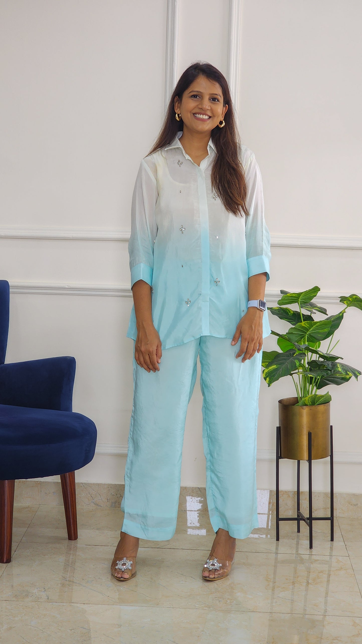 Blue Ombre Shirt And Pants with Stone Details