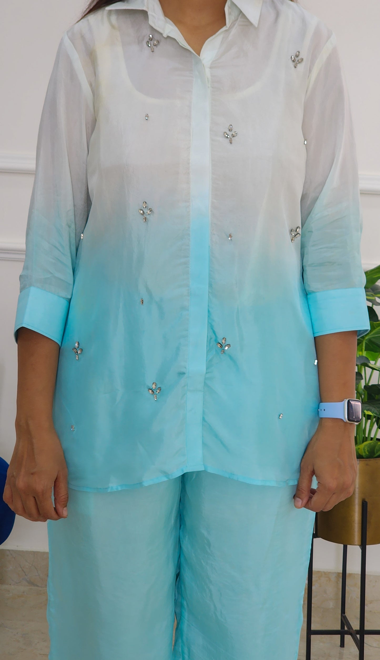 Blue Ombre Shirt And Pants with Stone Details