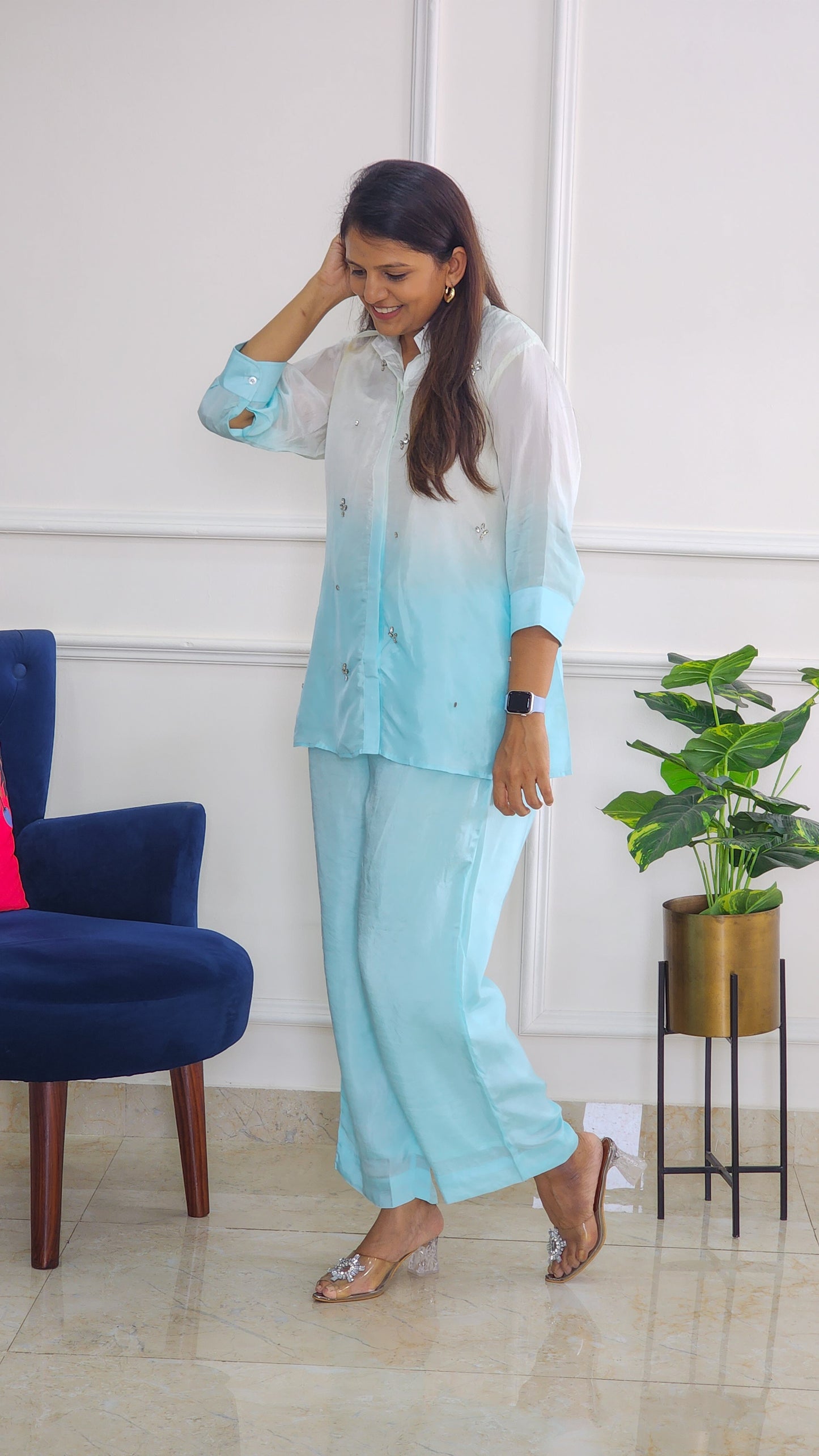 Blue Ombre Shirt And Pants with Stone Details