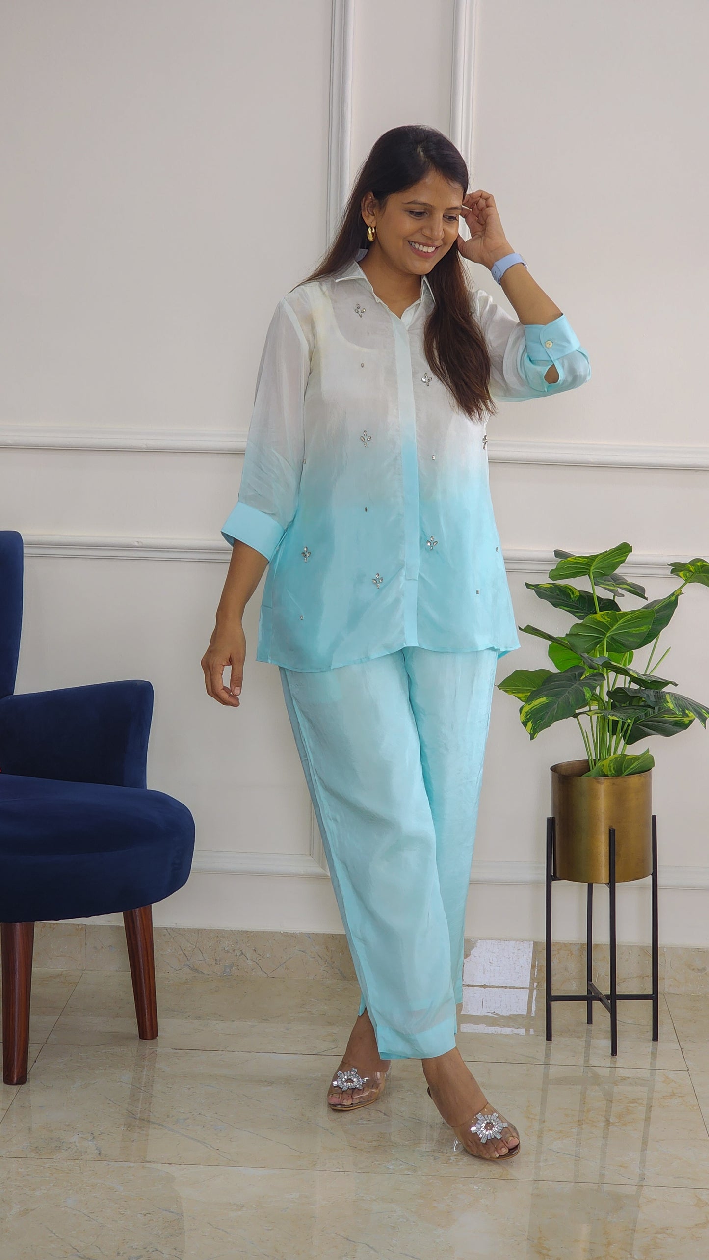 Blue Ombre Shirt And Pants with Stone Details