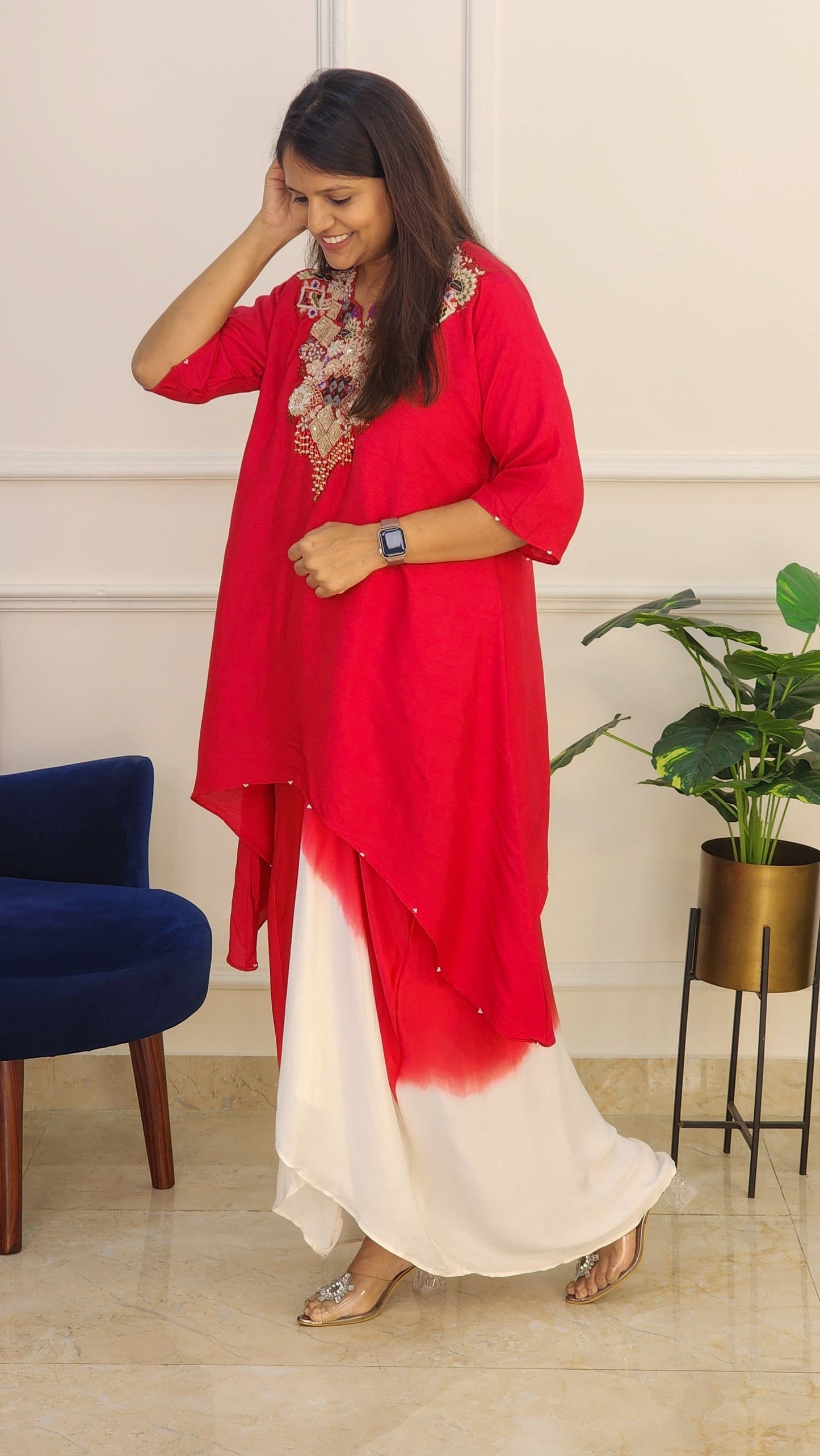 Red Ombre Drape Skirt Set