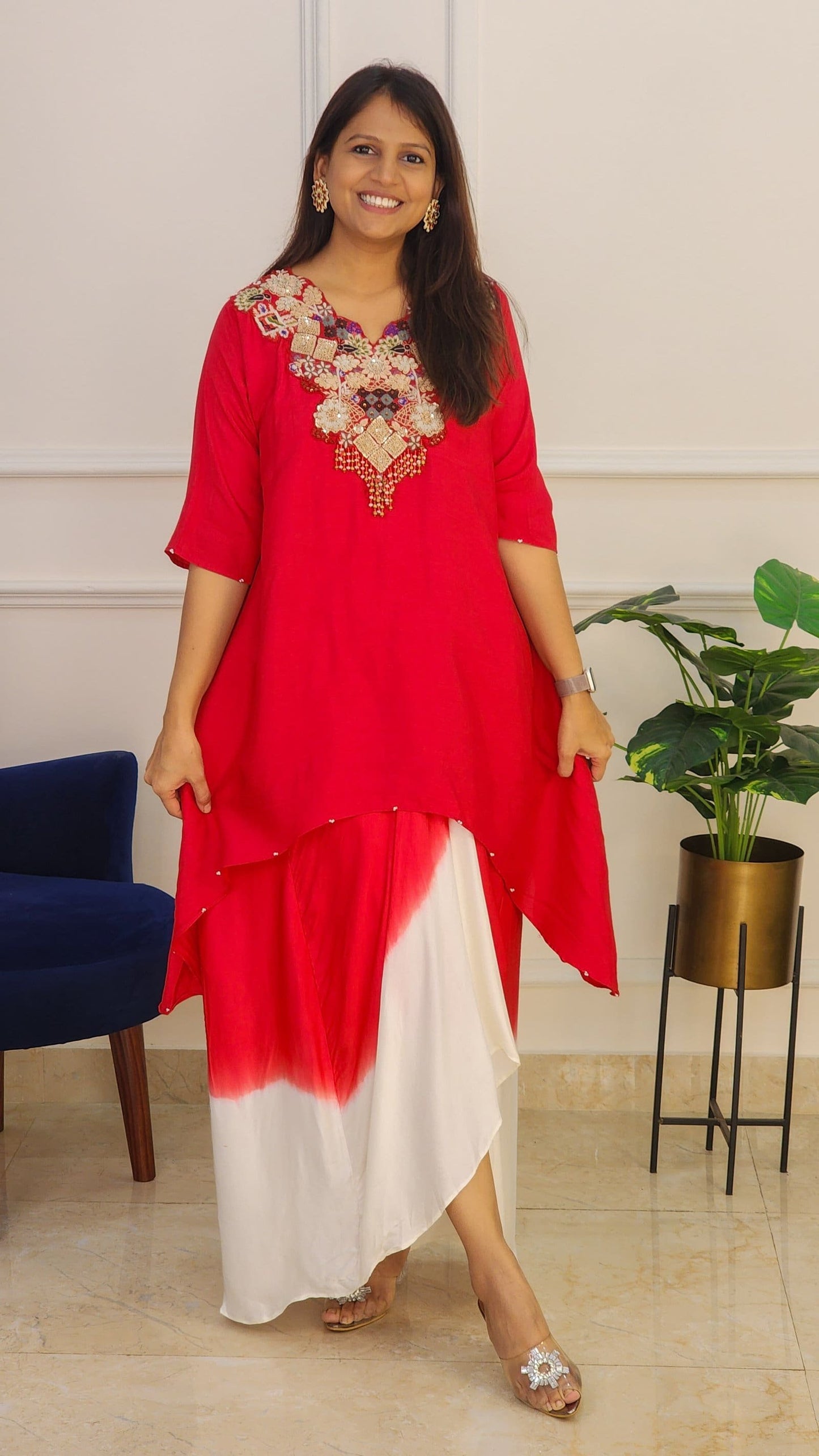 Red Ombre Drape Skirt Set