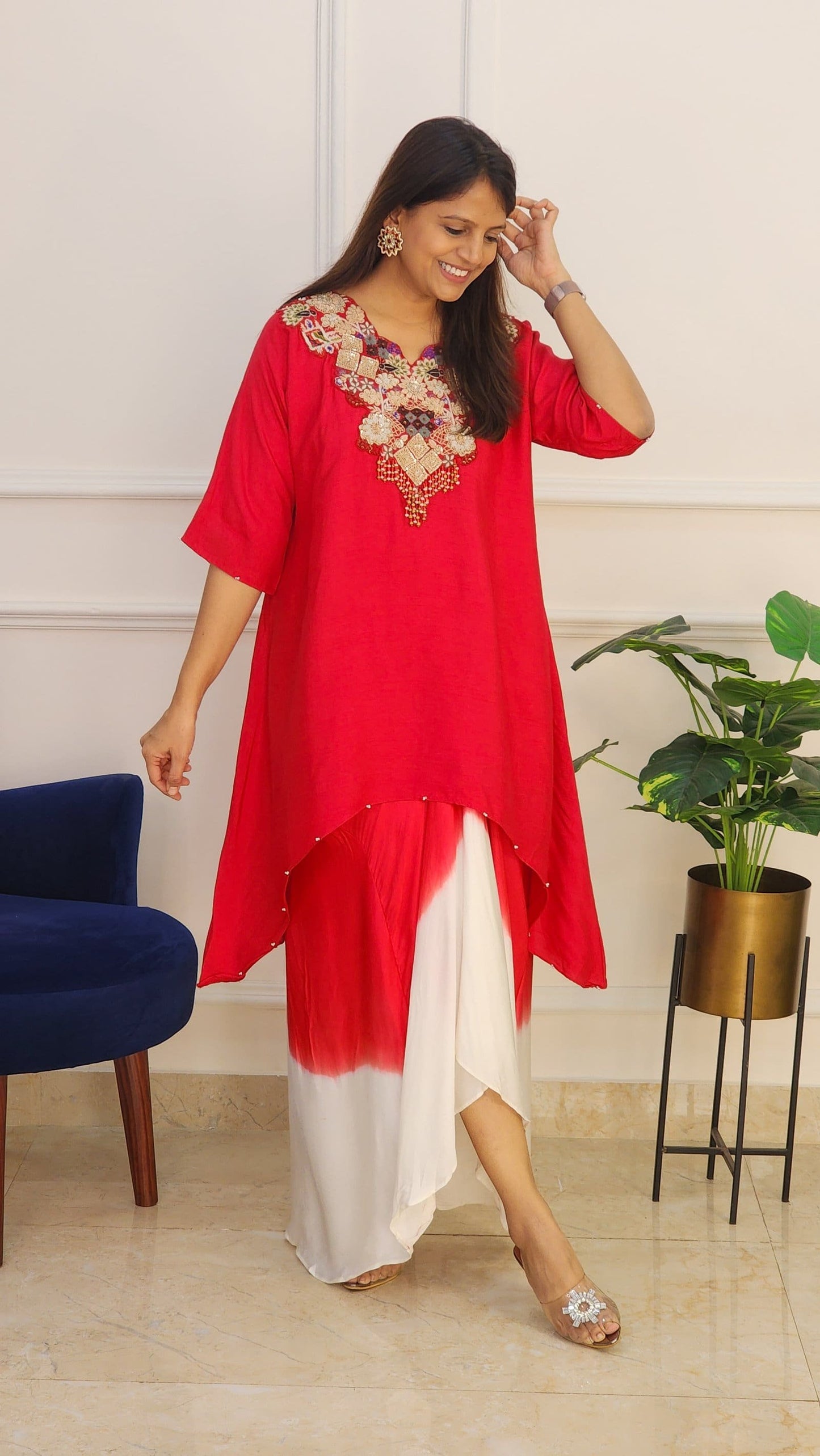 Red Ombre Drape Skirt Set