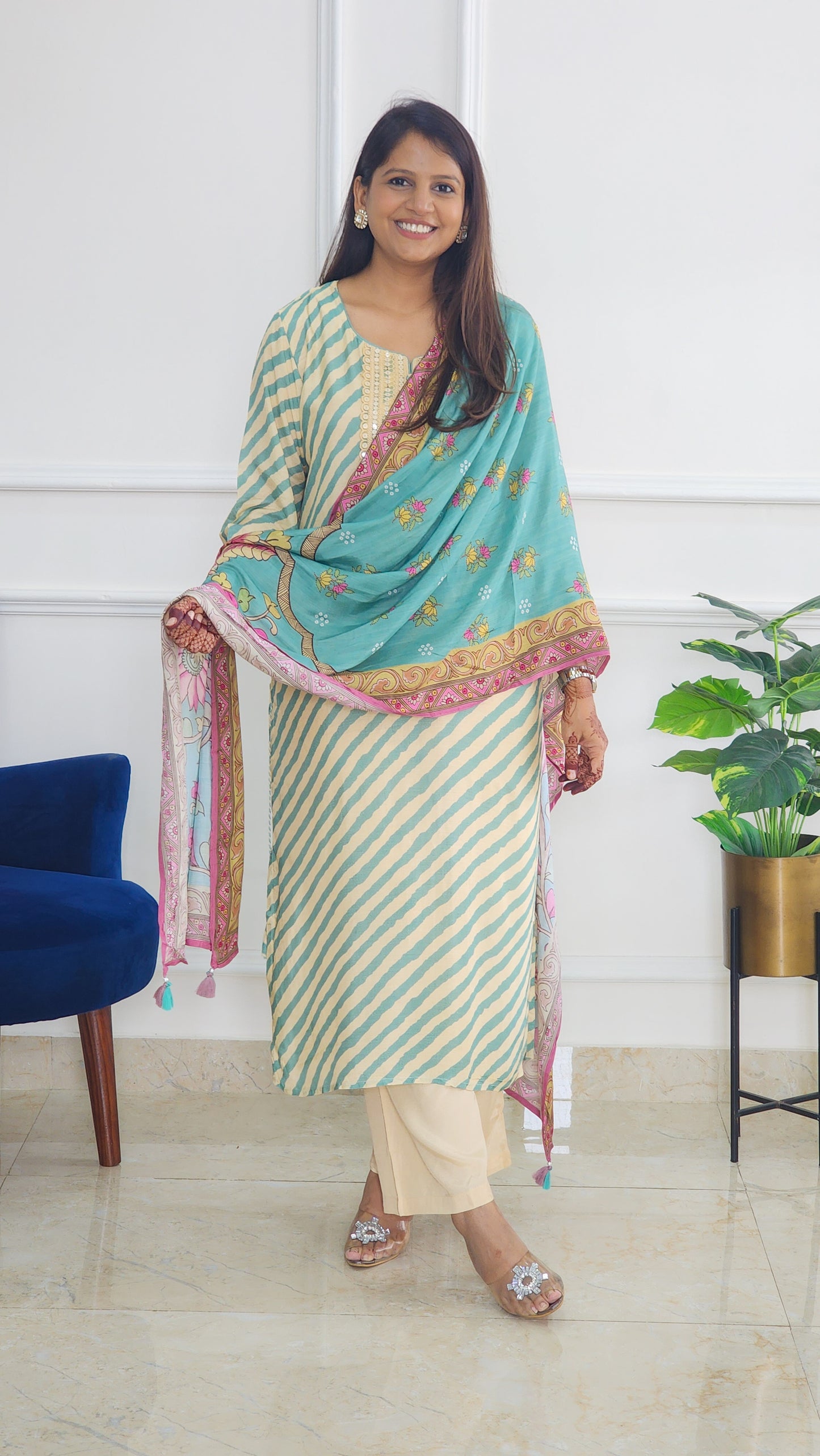 Turquoise Leheriya Suit With Pichwai Dupatta