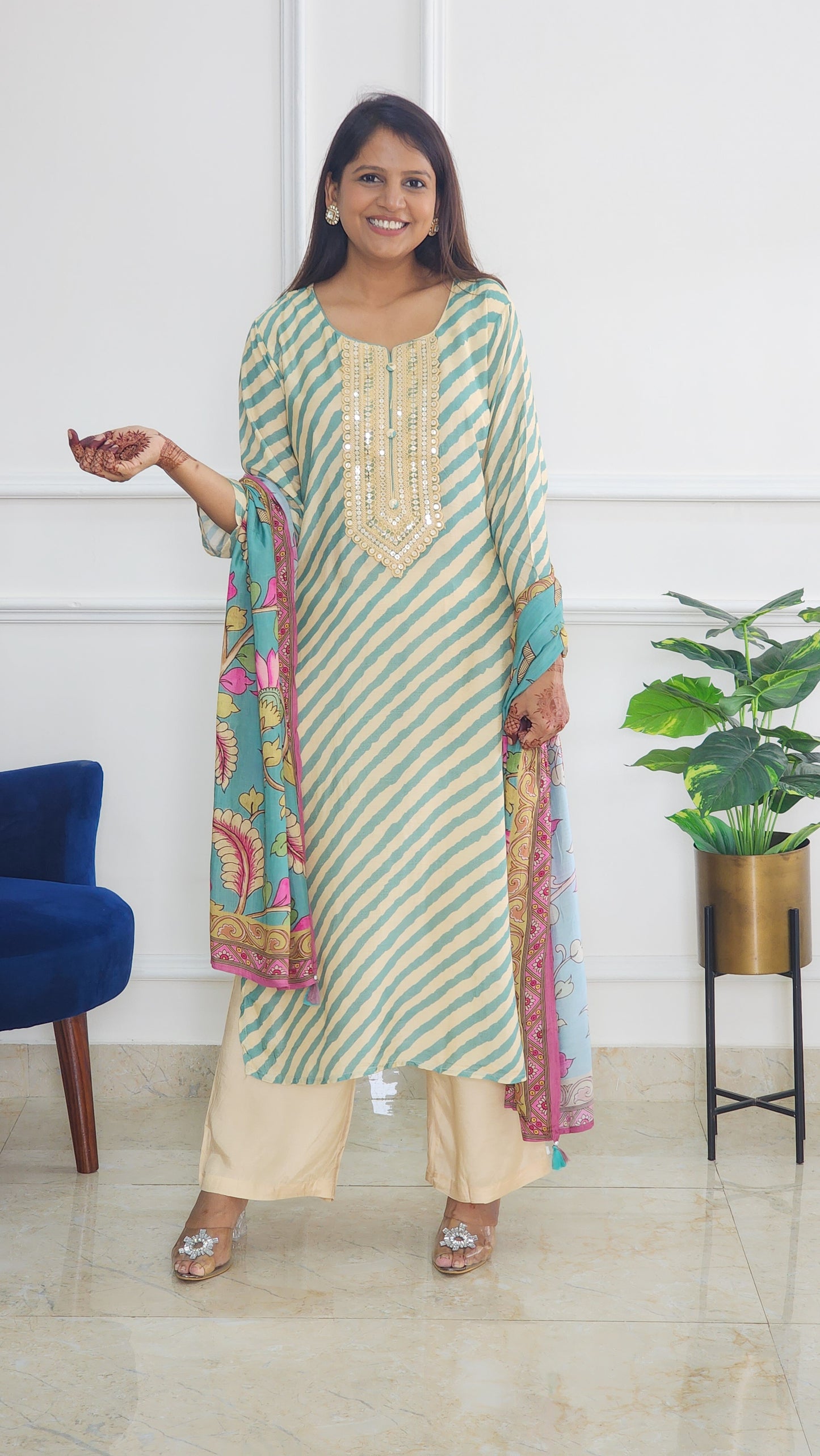 Turquoise Leheriya Suit With Pichwai Dupatta