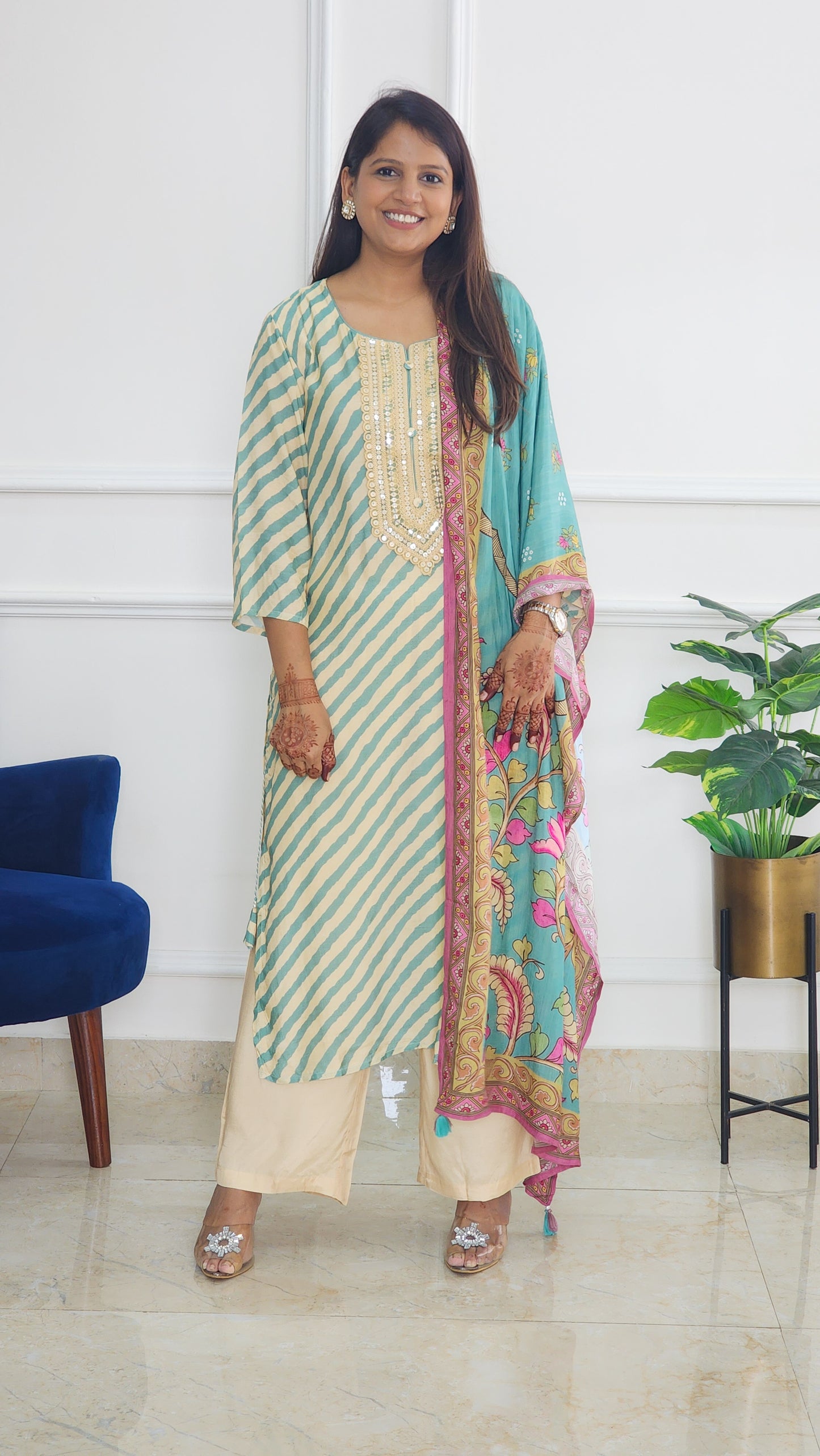 Turquoise Leheriya Suit With Pichwai Dupatta