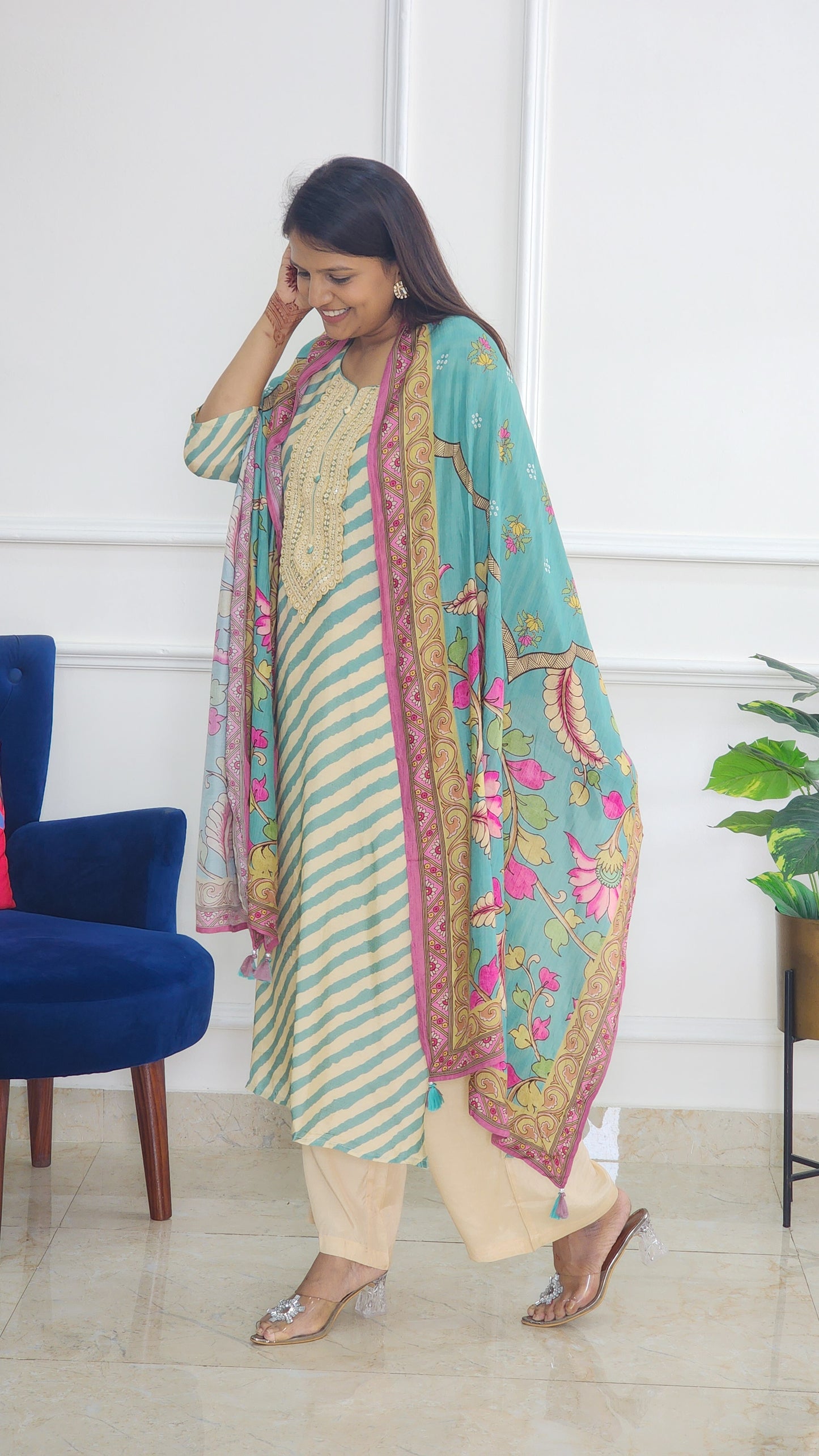 Turquoise Leheriya Suit With Pichwai Dupatta