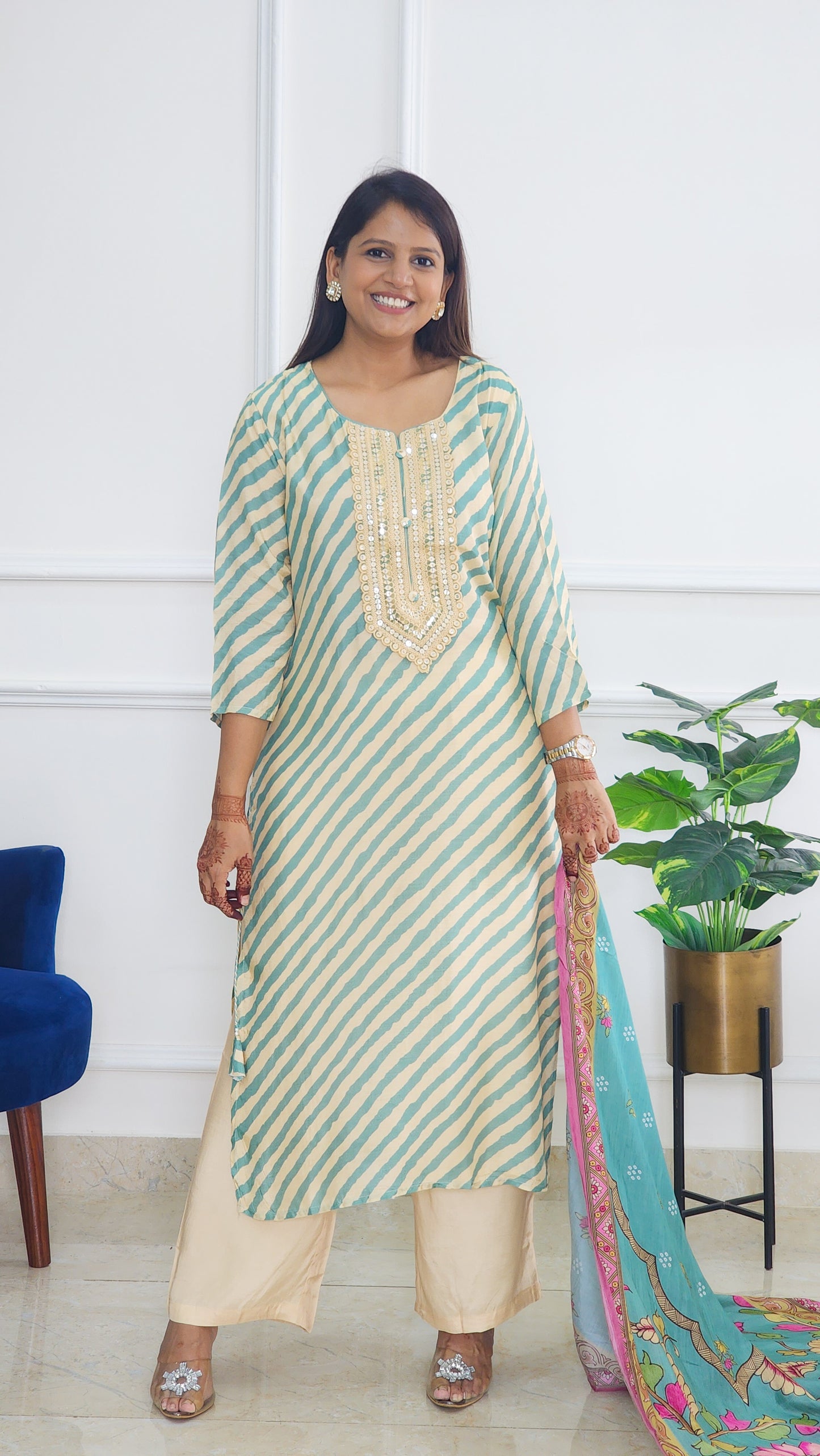 Turquoise Leheriya Suit With Pichwai Dupatta