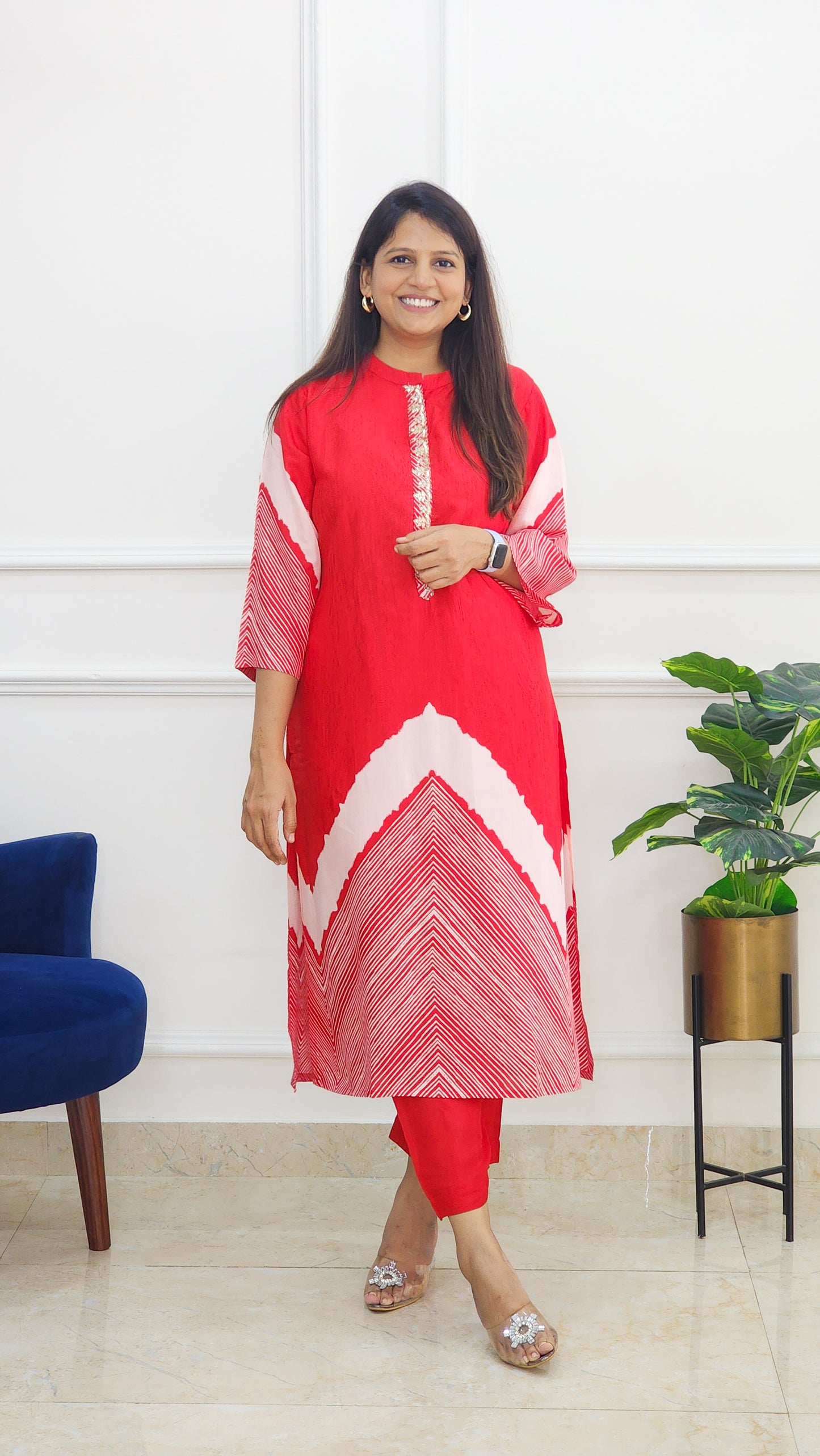 Tie Dye Kurta and Pants Set - Red