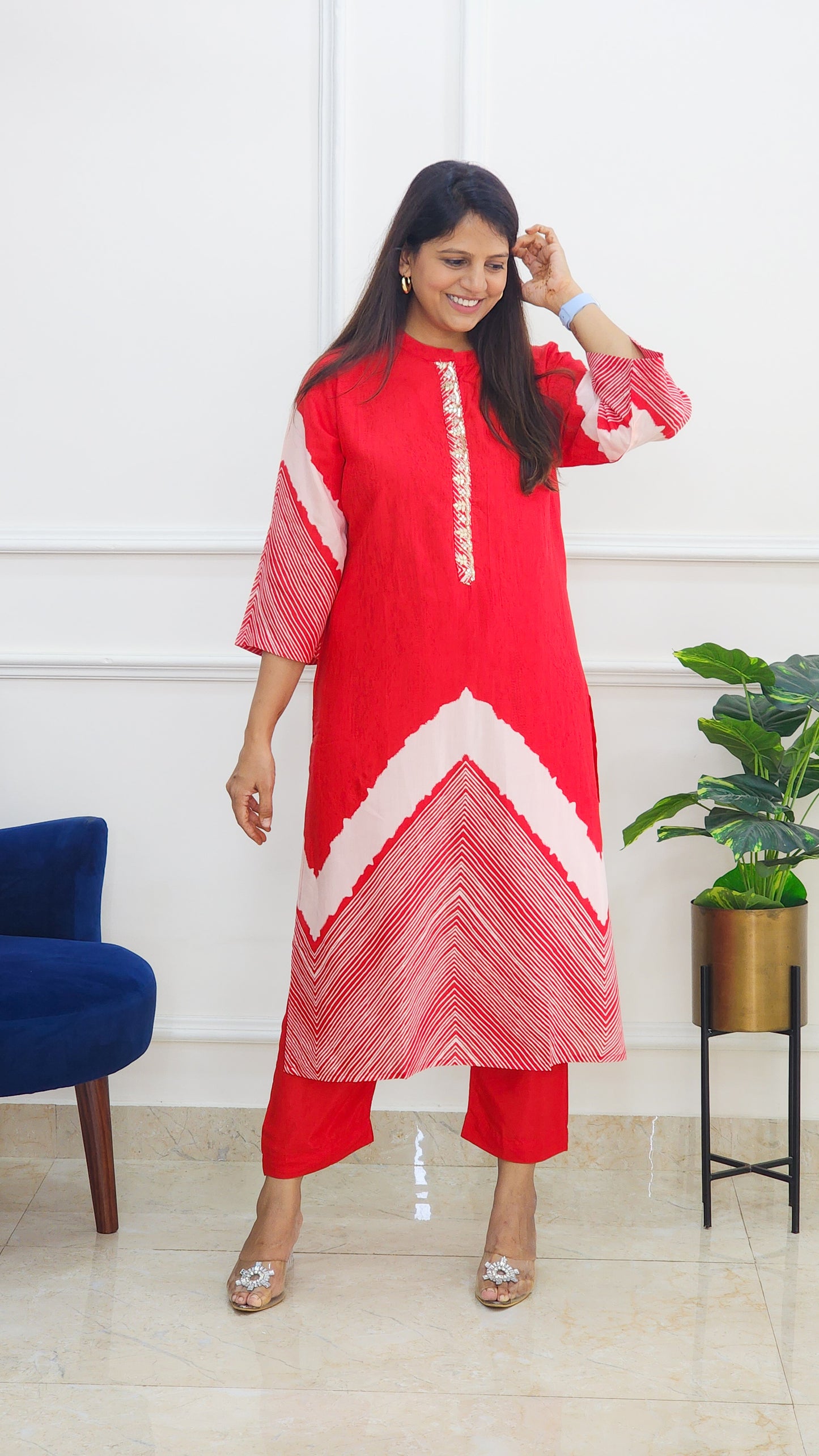 Tie Dye Kurta and Pants Set - Red