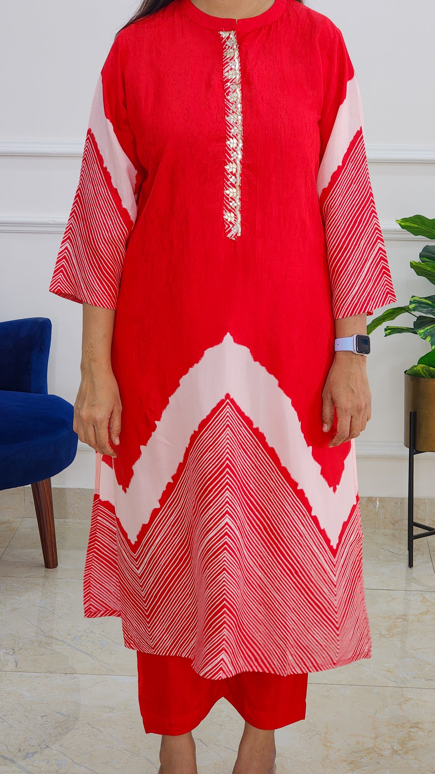 Tie Dye Kurta and Pants Set - Red