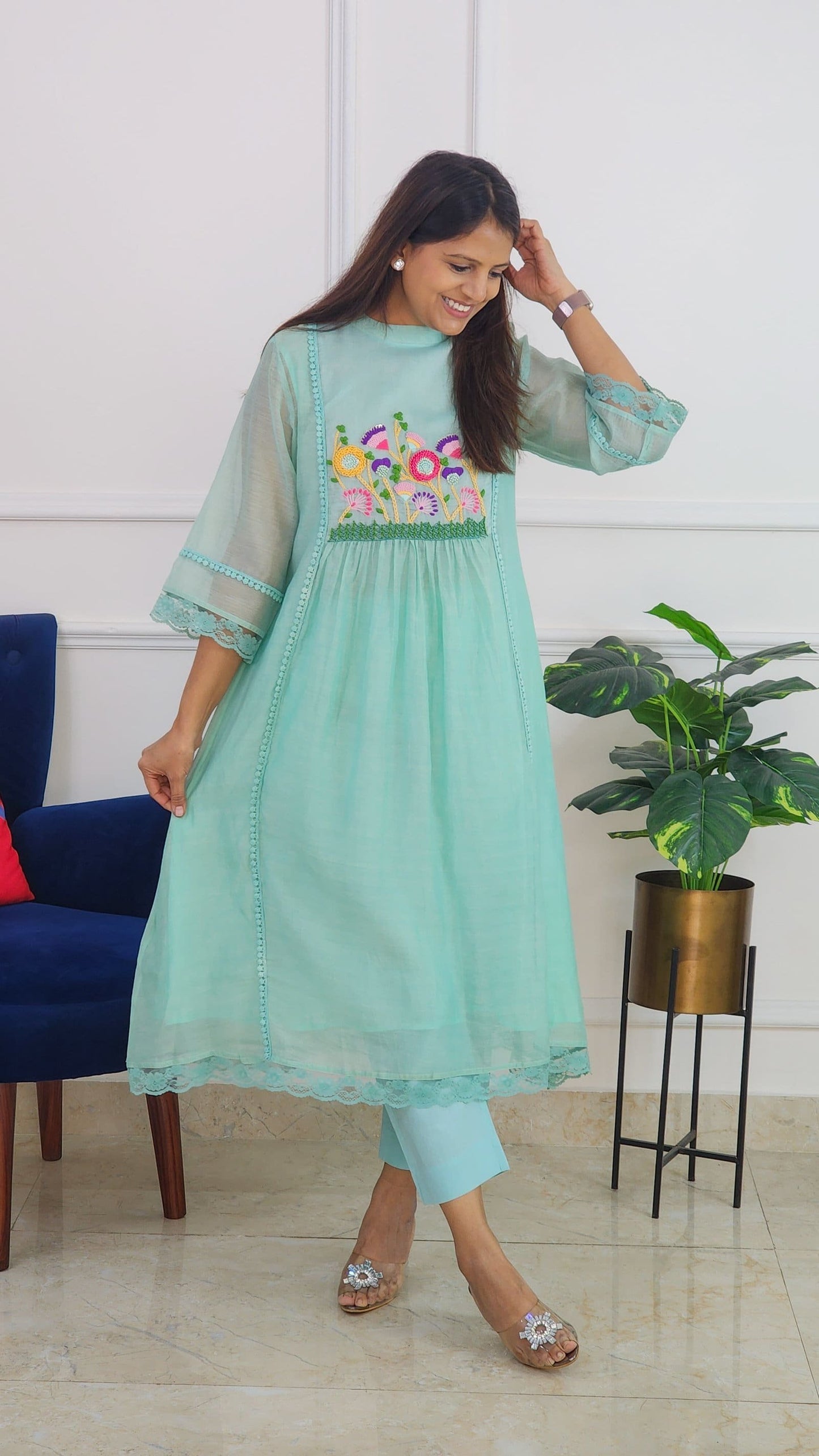Happy Blue Mul Chanderi Embroidered Set