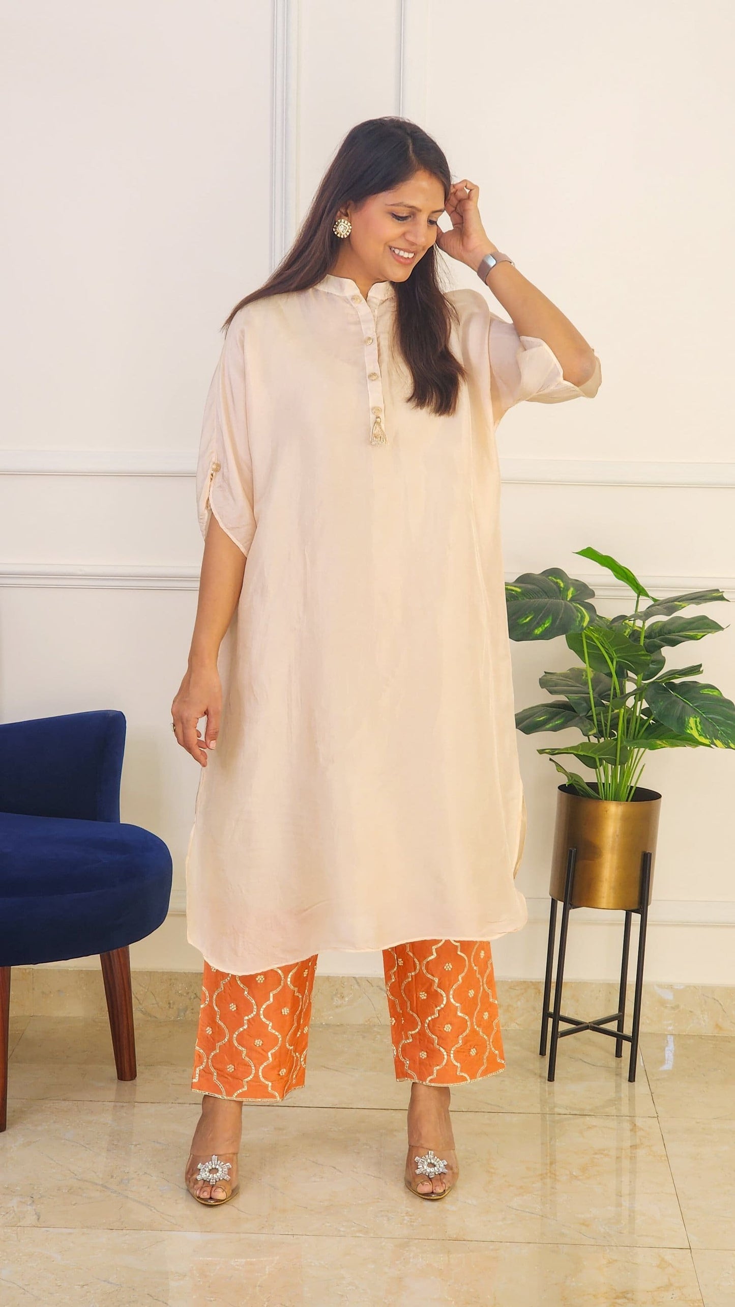 Kesariya Jaal Pants With Off White Kaftan