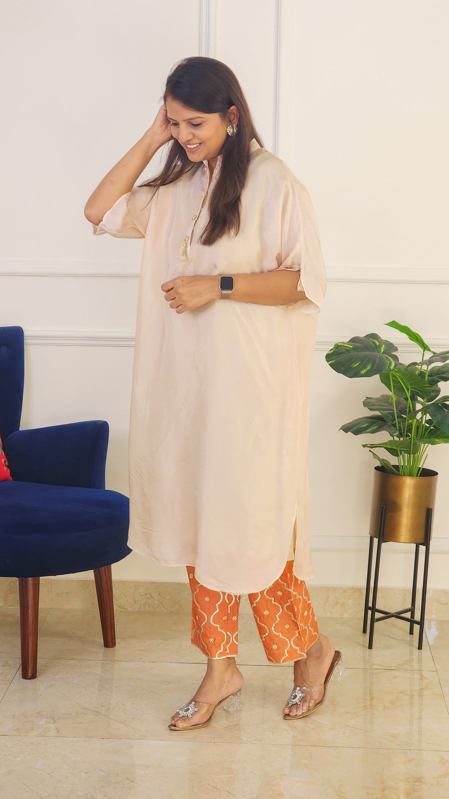 Kesariya Jaal Pants With Off White Kaftan
