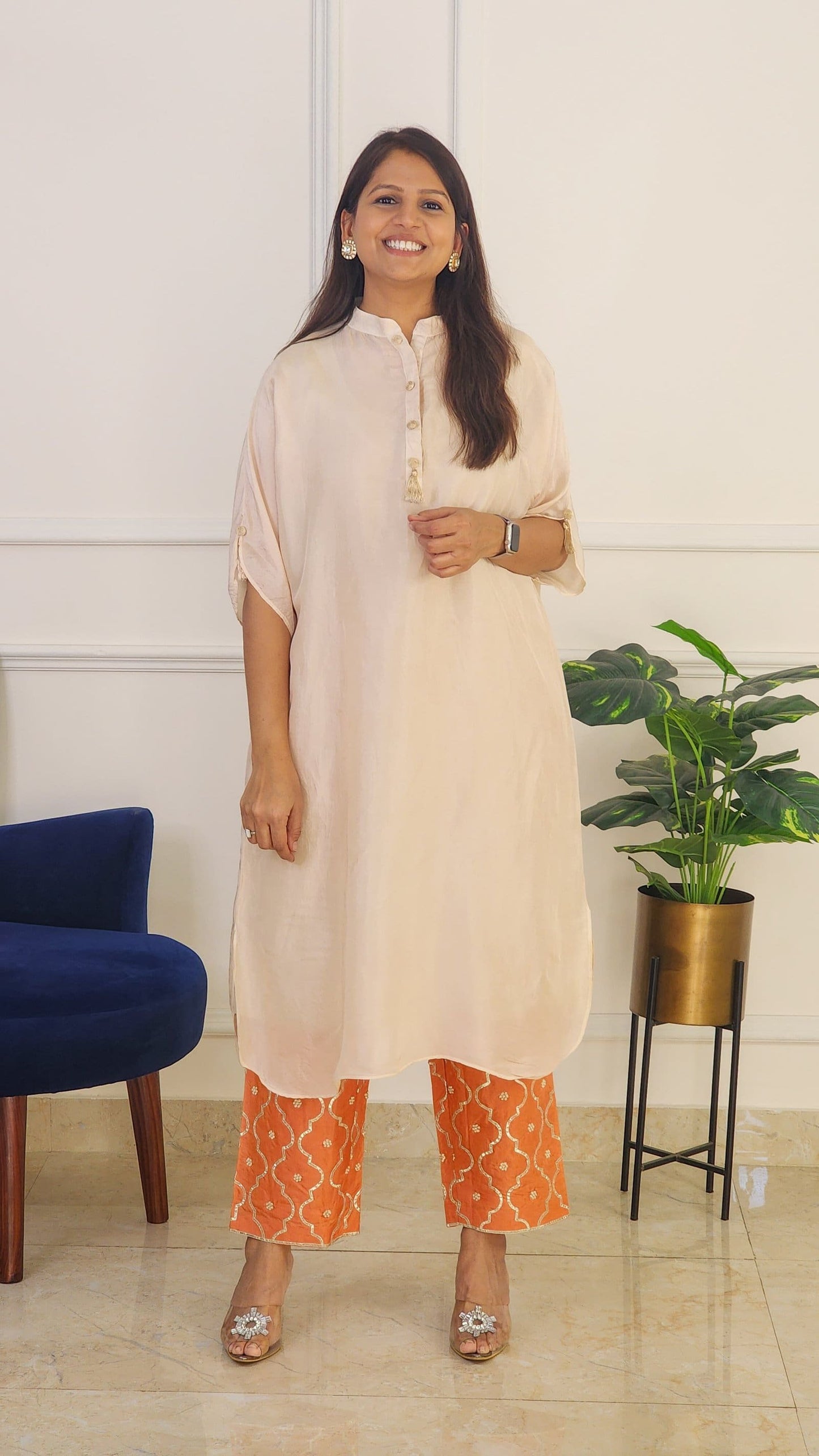Kesariya Jaal Pants With Off White Kaftan