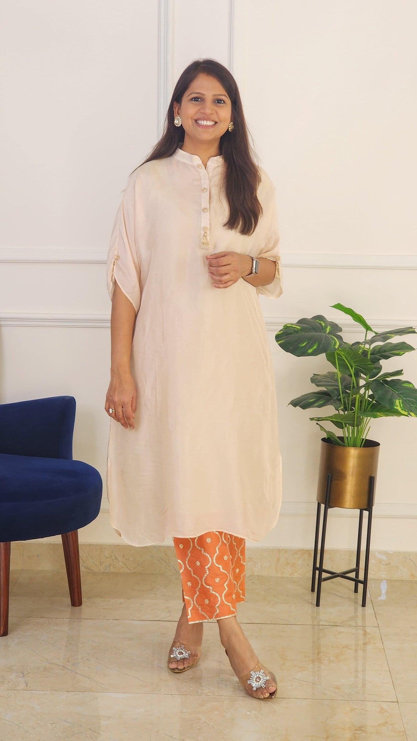 Kesariya Jaal Pants With Off White Kaftan