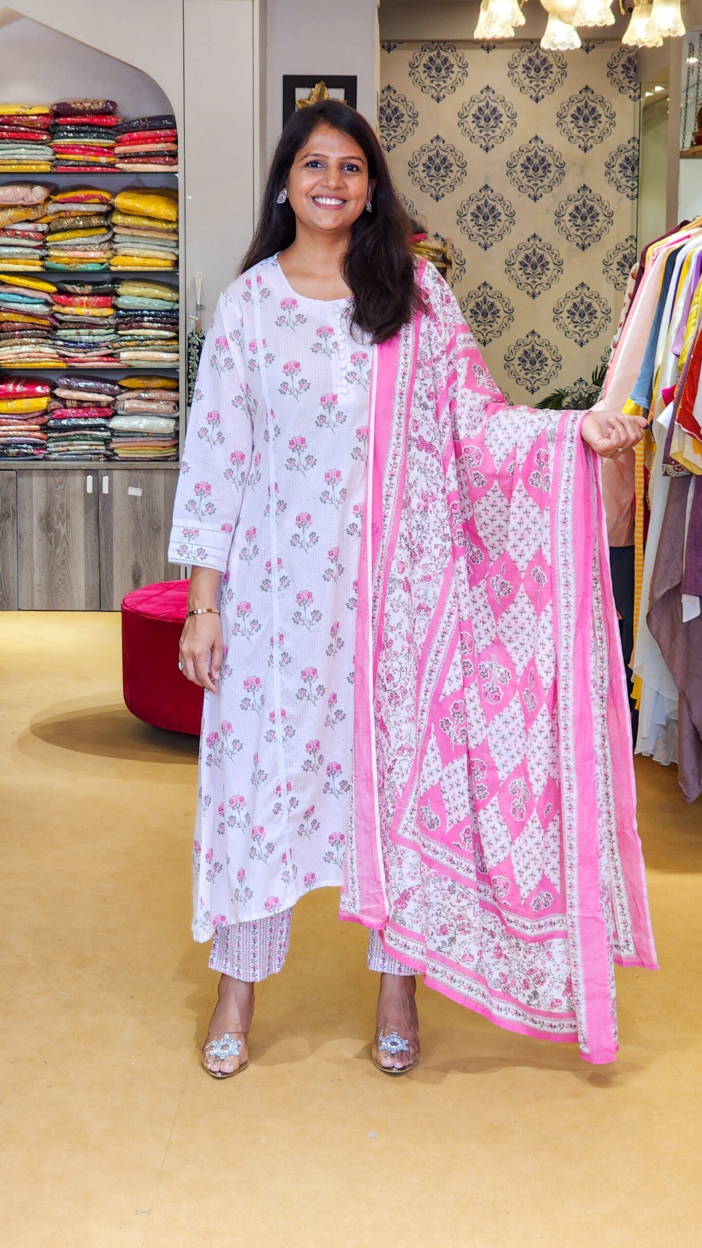 Pink and White Cotton Floral Suit