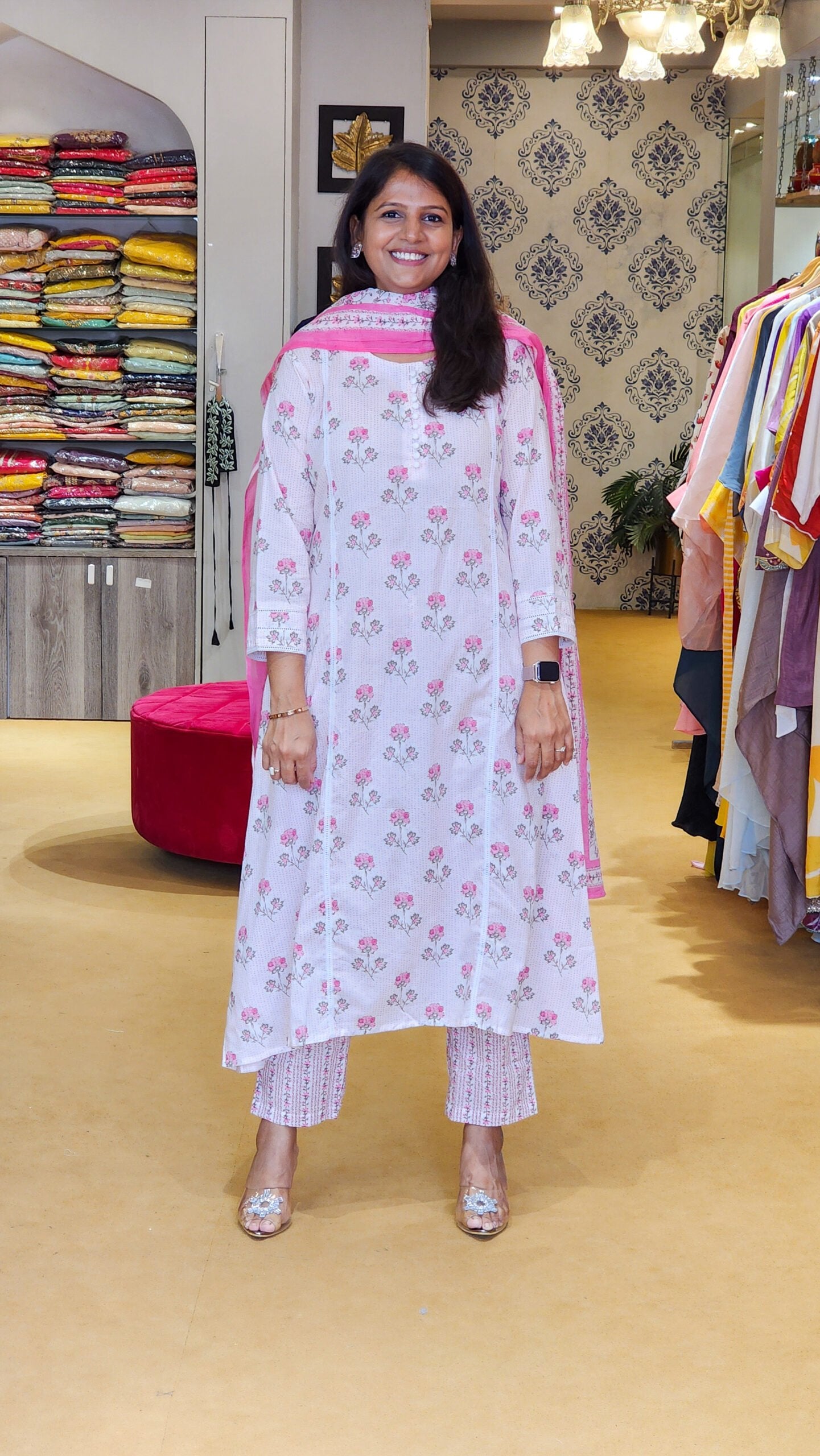 Pink and White Cotton Floral Suit