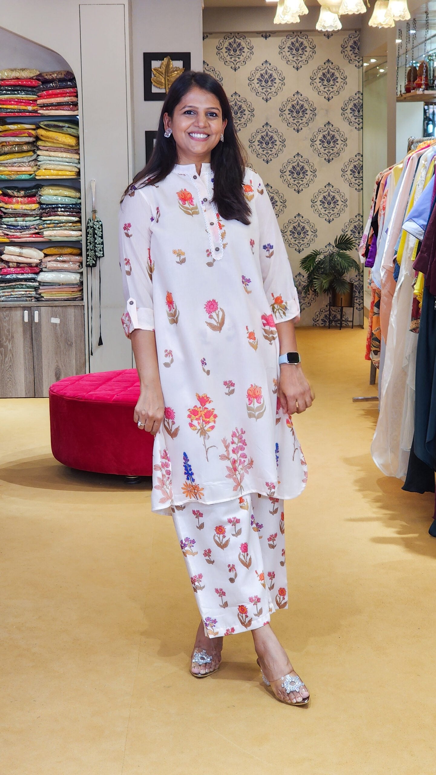 Peach Floral Block kurta and Pants Set