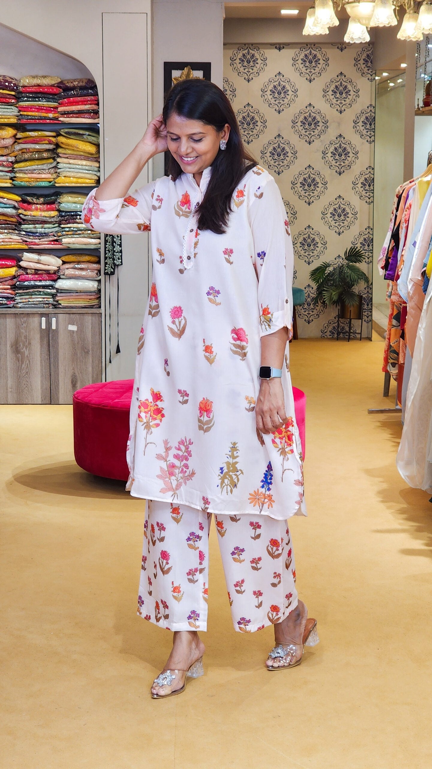 Peach Floral Block kurta and Pants Set