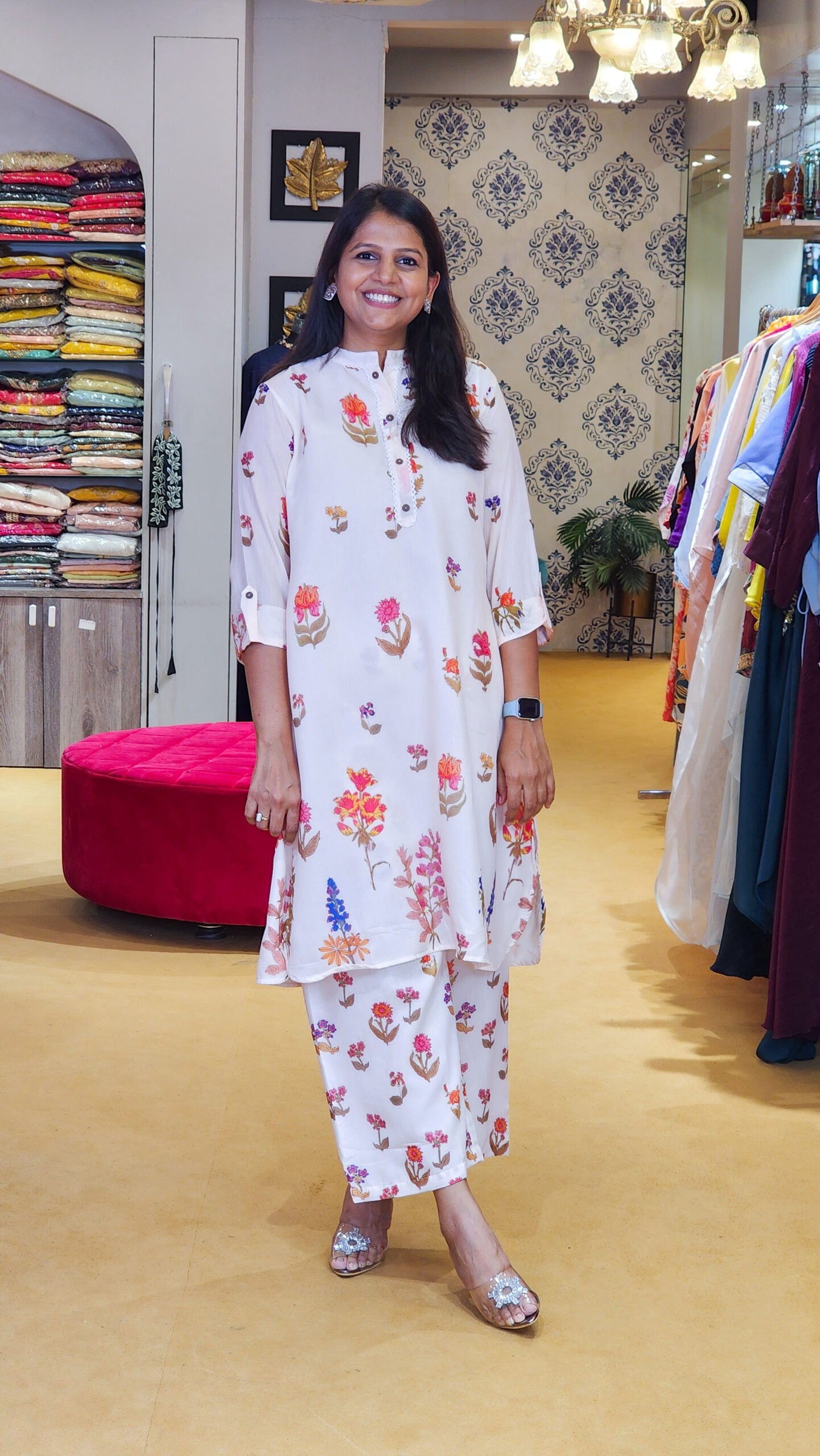 Peach Floral Block kurta and Pants Set
