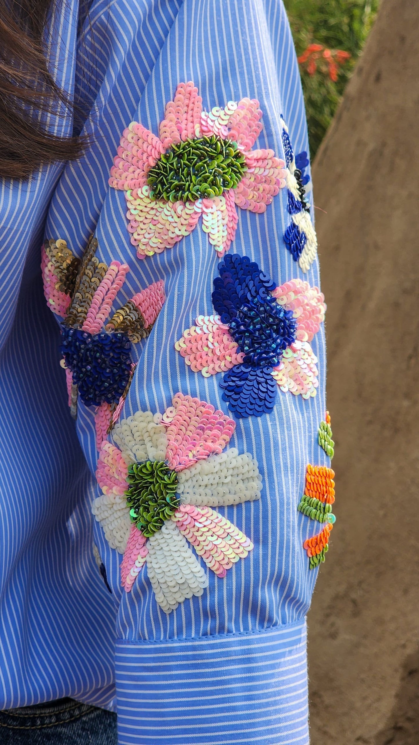 Blue Stripe Embellished Up Down Shirt