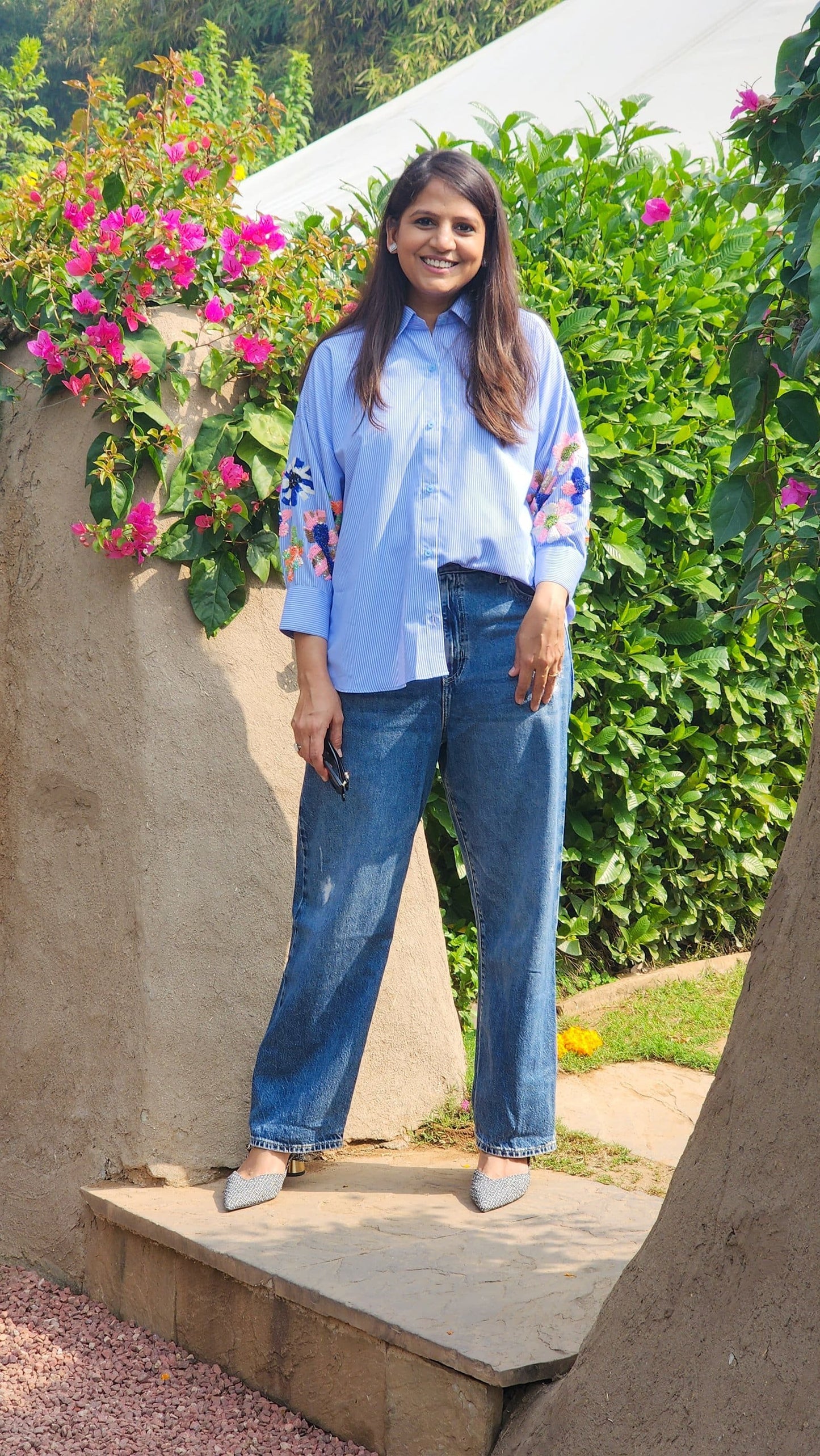 Blue Stripe Embellished Up Down Shirt