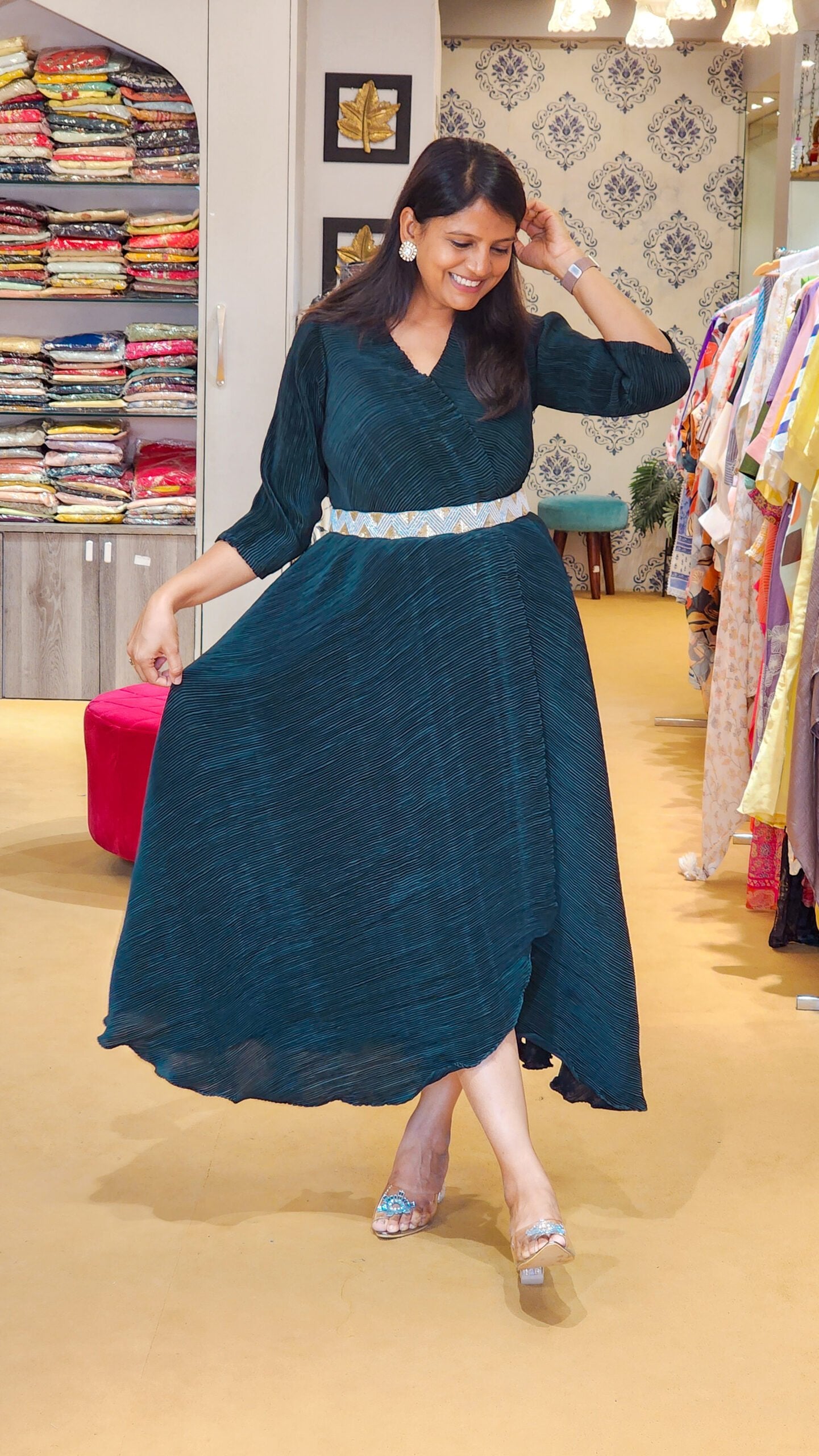 Emerald Green Pleated Dress with Belt