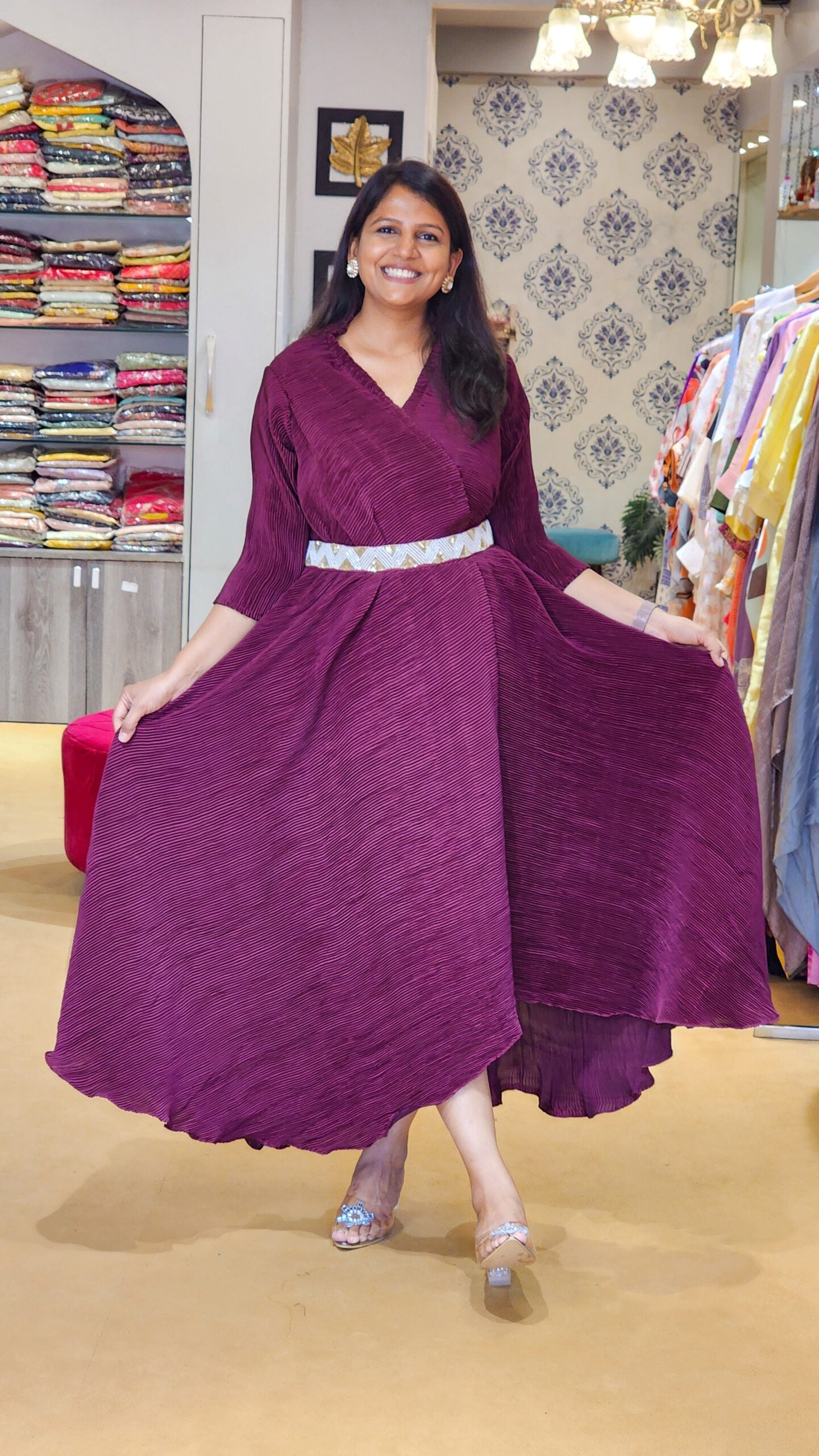 Maroon Pleated Dress with Belt