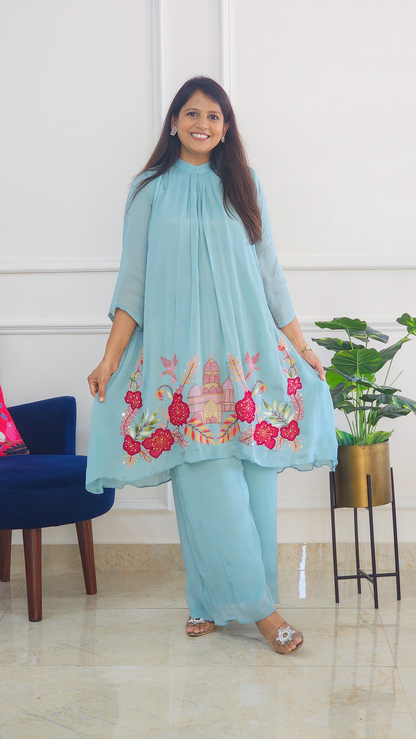 Aqua Embroidered Chinnon Kurta Set