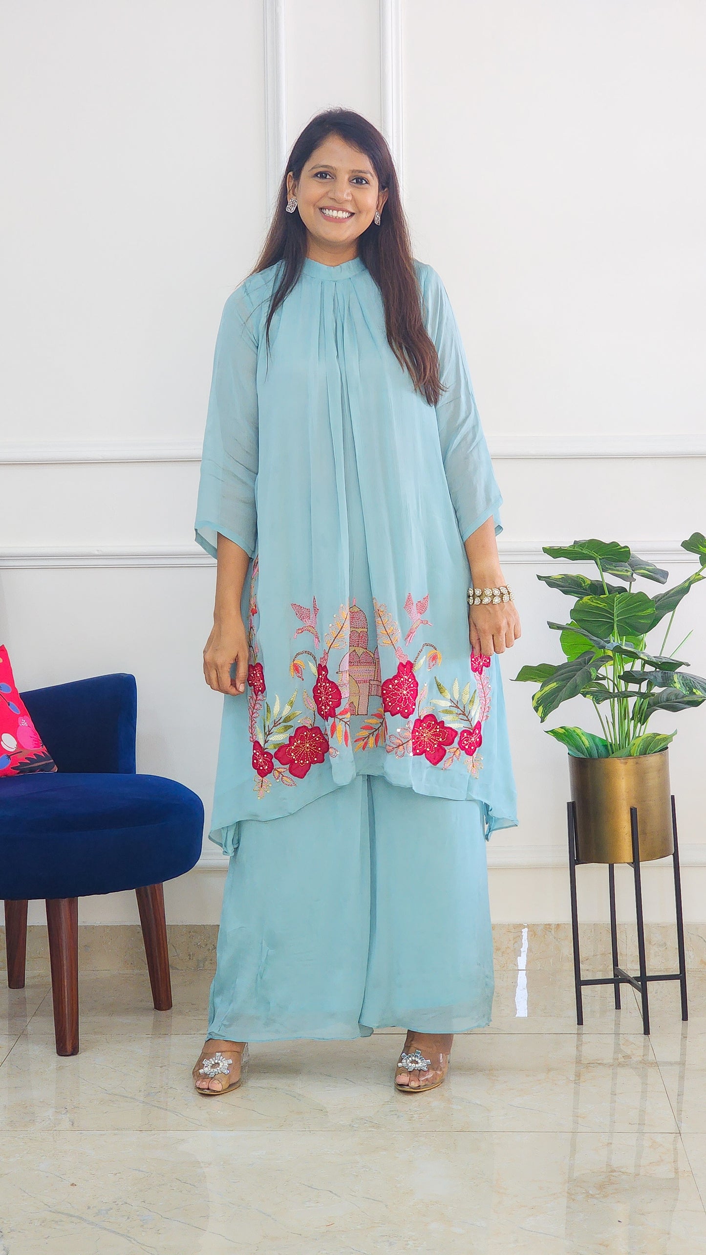 Aqua Embroidered Chinnon Kurta Set