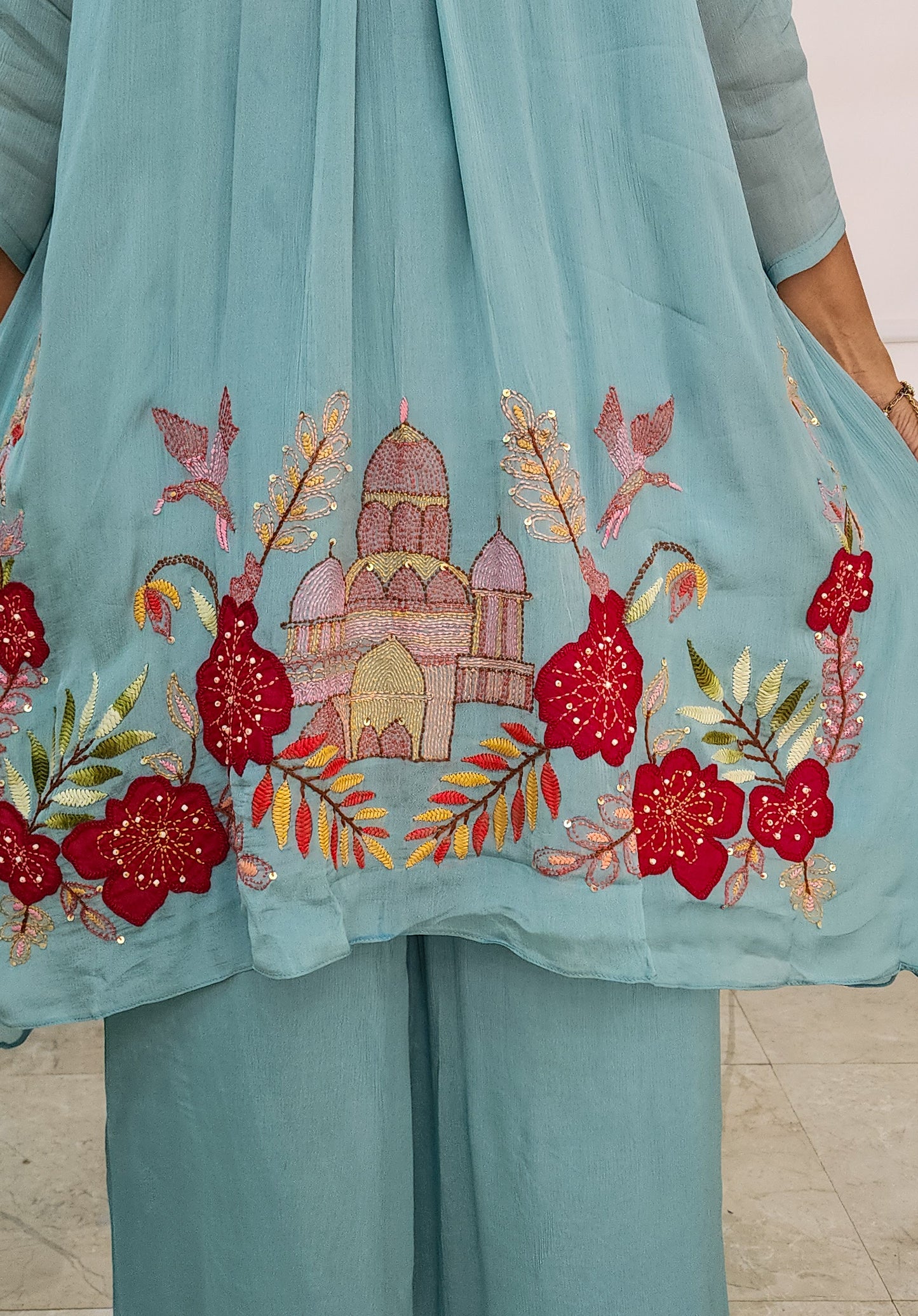 Aqua Embroidered Chinnon Kurta Set