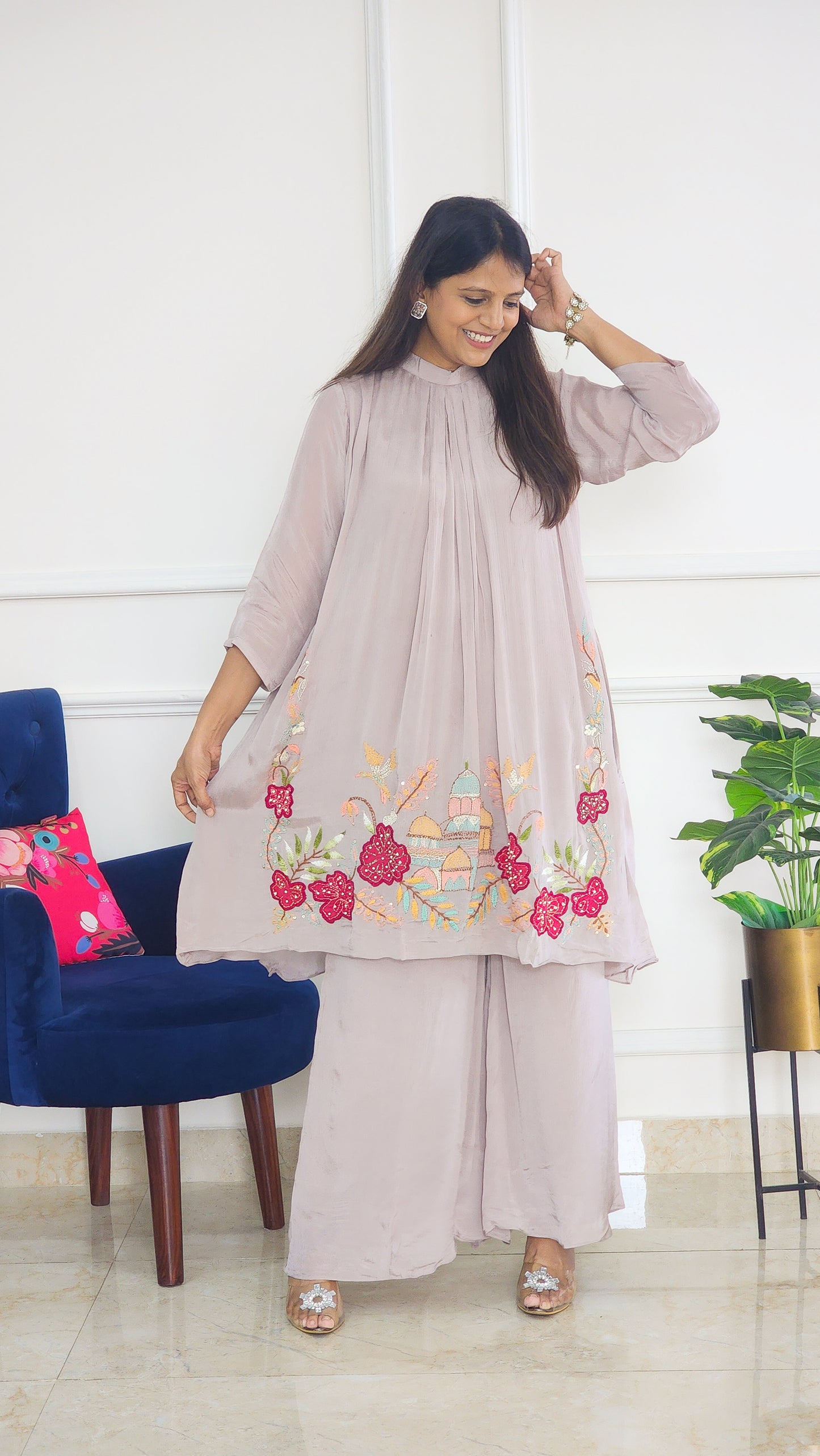 Grey Embroidered Chinnon Kurta Set