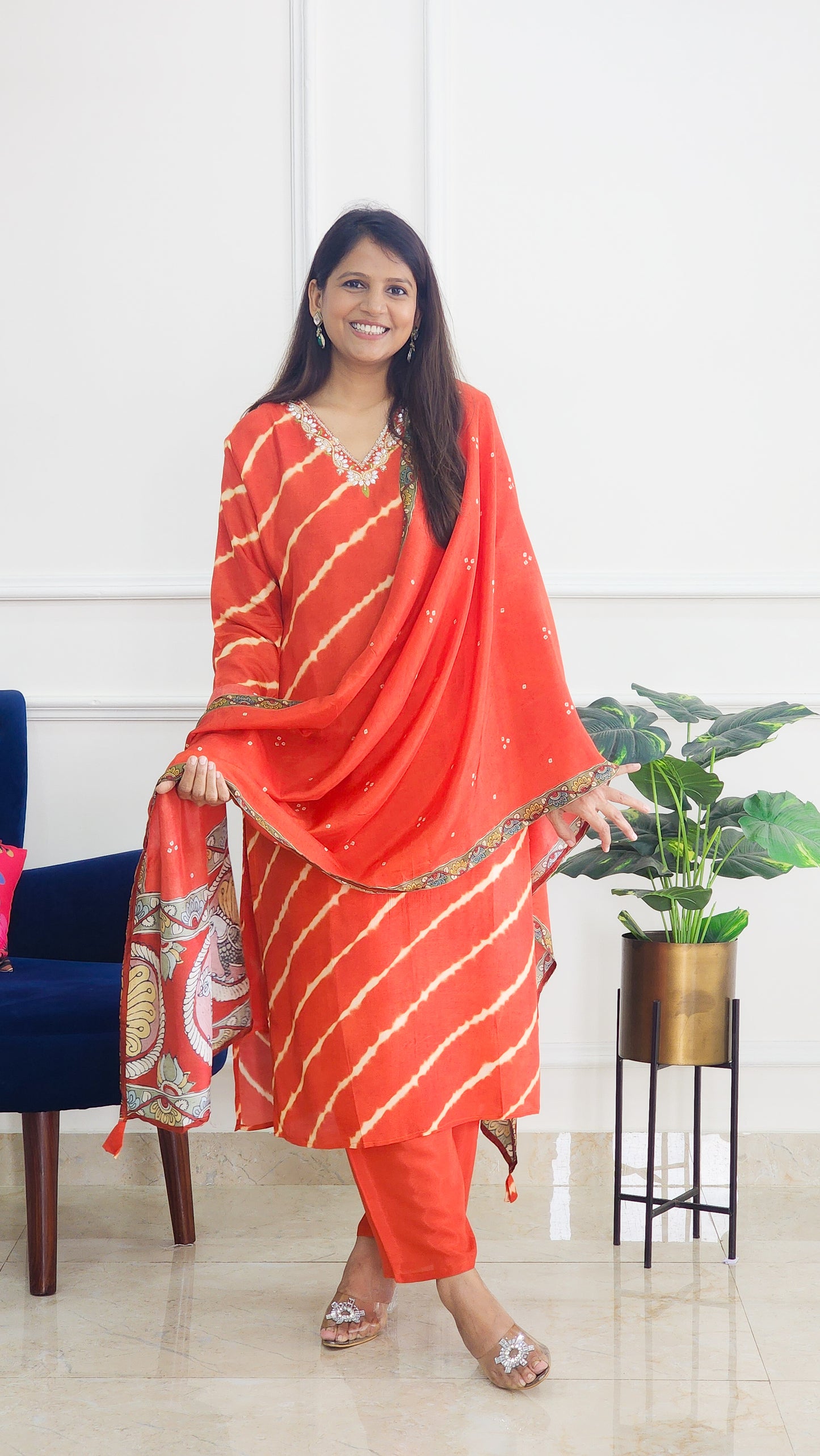 Orange Tie Dye with Kalamkari Dupatta