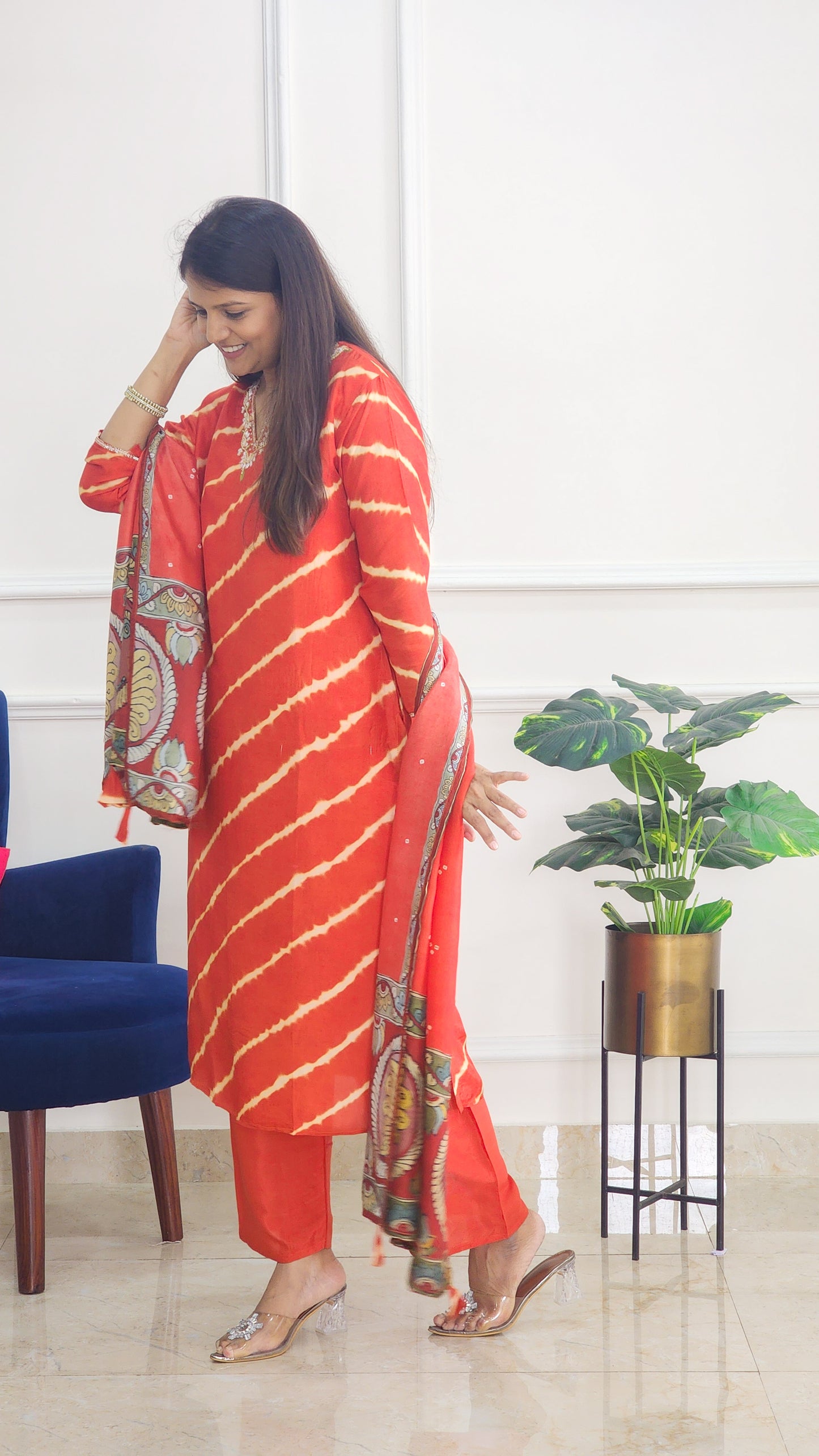 Orange Tie Dye with Kalamkari Dupatta