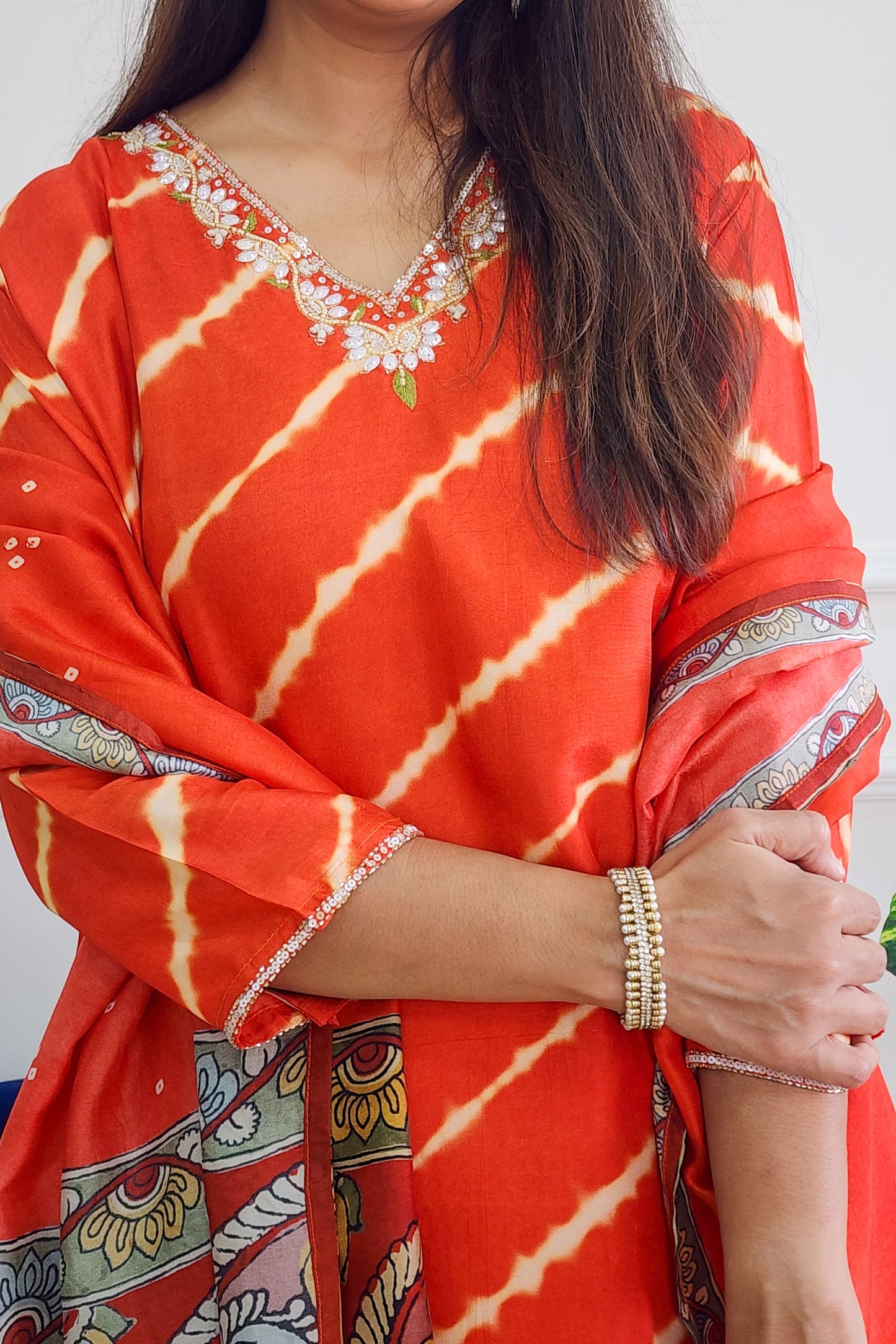 Orange Tie Dye with Kalamkari Dupatta
