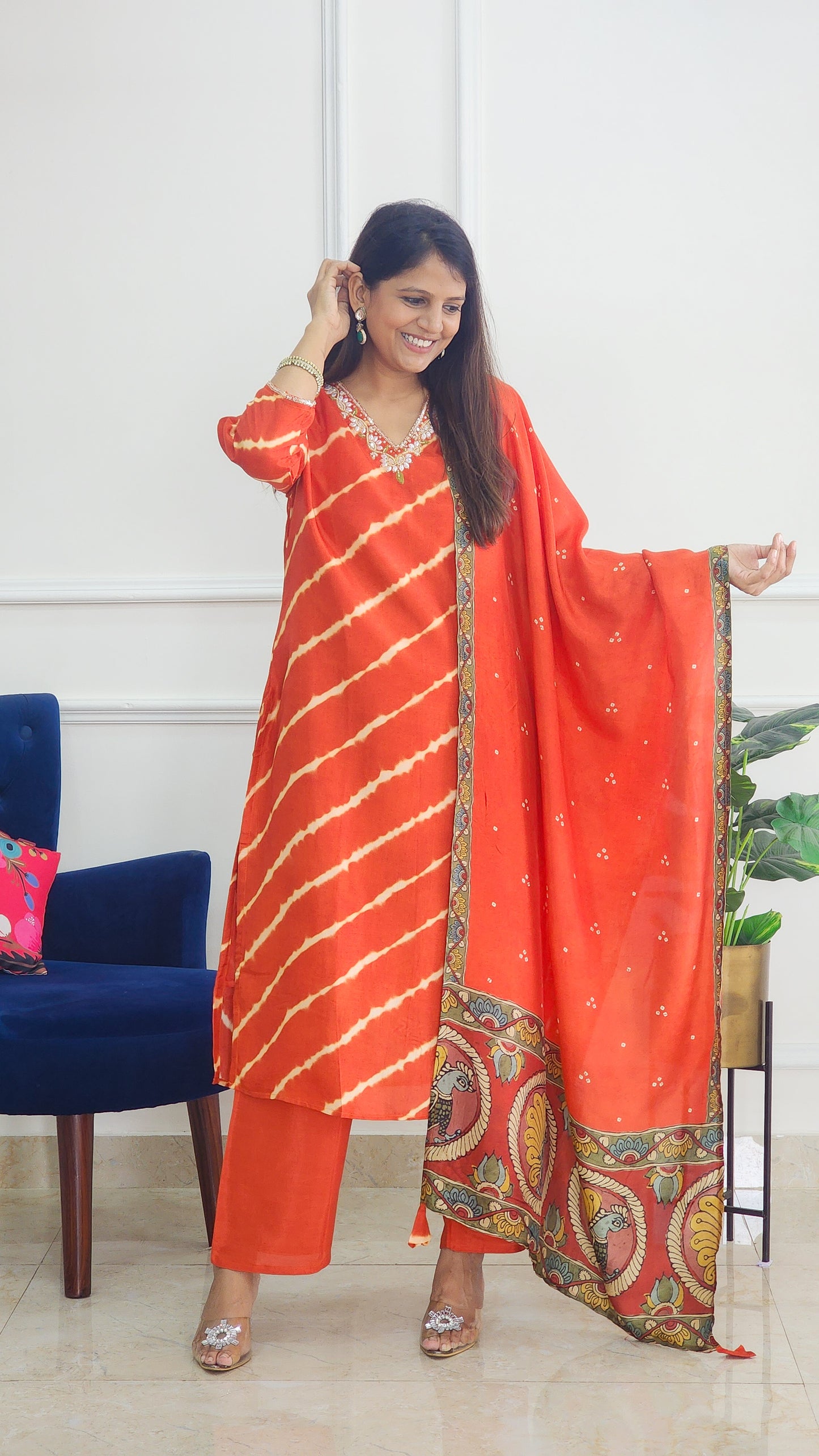 Orange Tie Dye with Kalamkari Dupatta