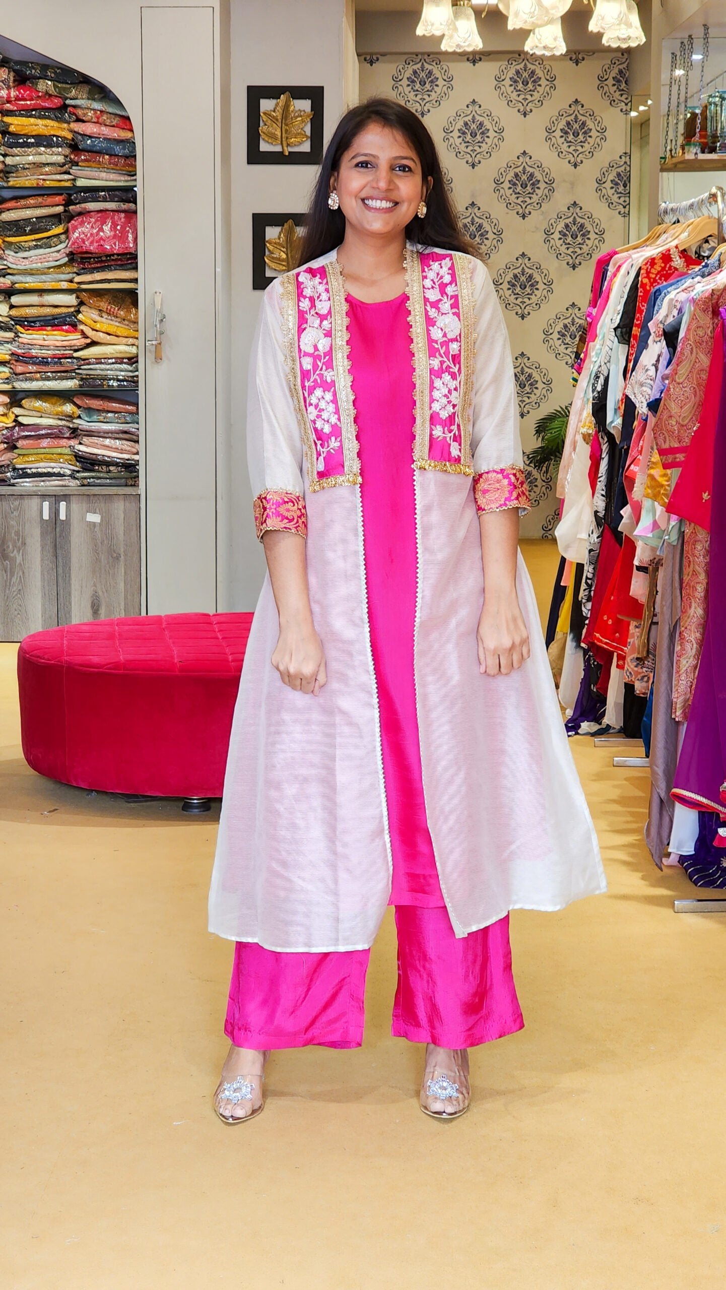 Stripe Chanderi Pink Top and Pants Set