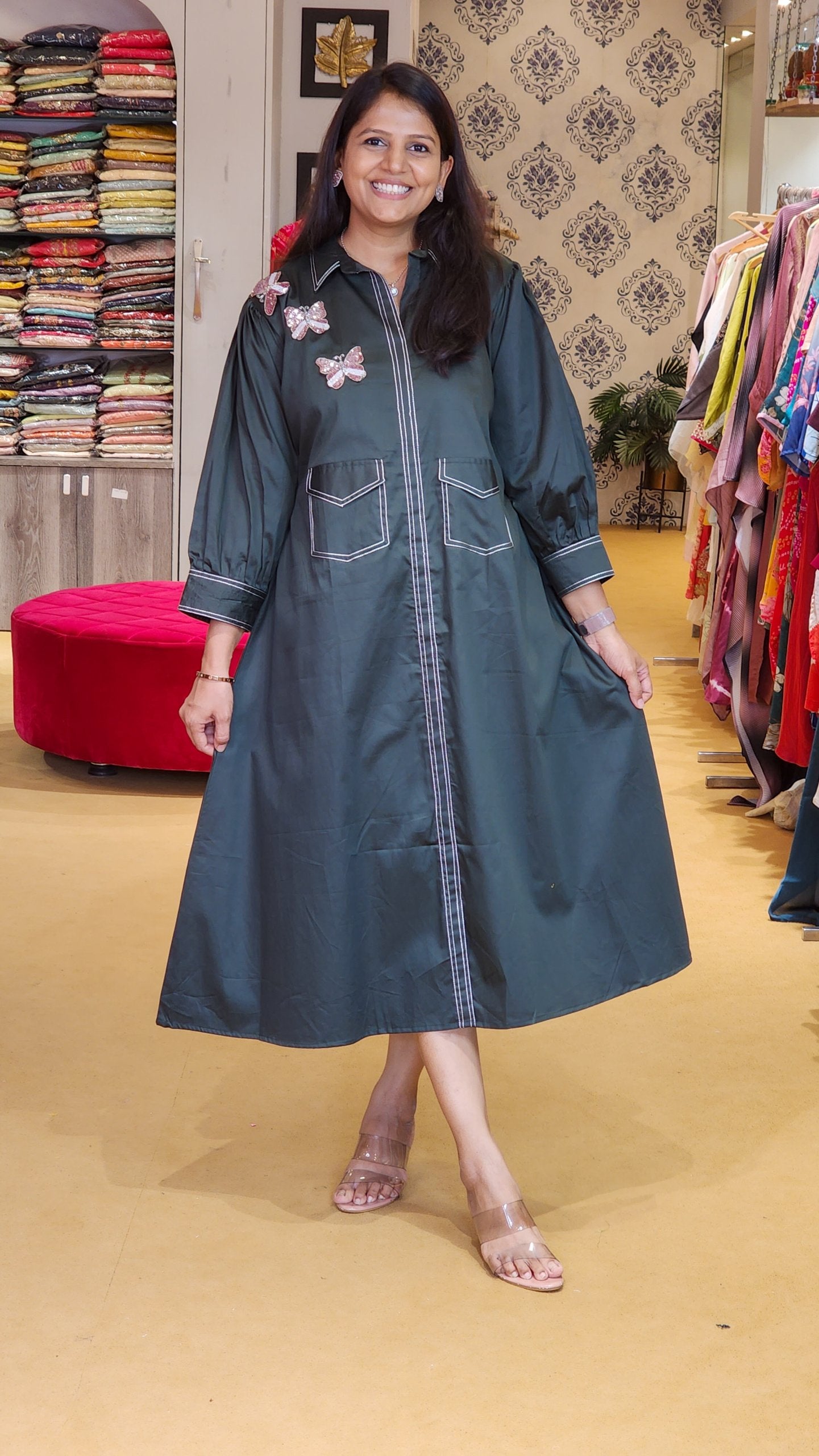 Dark Green Butterfly Detailing Tunic