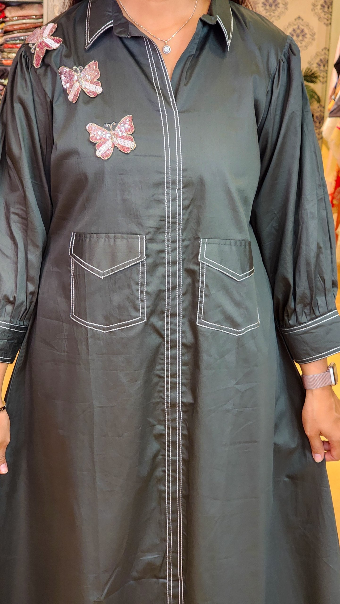 Dark Green Butterfly Detailing Tunic
